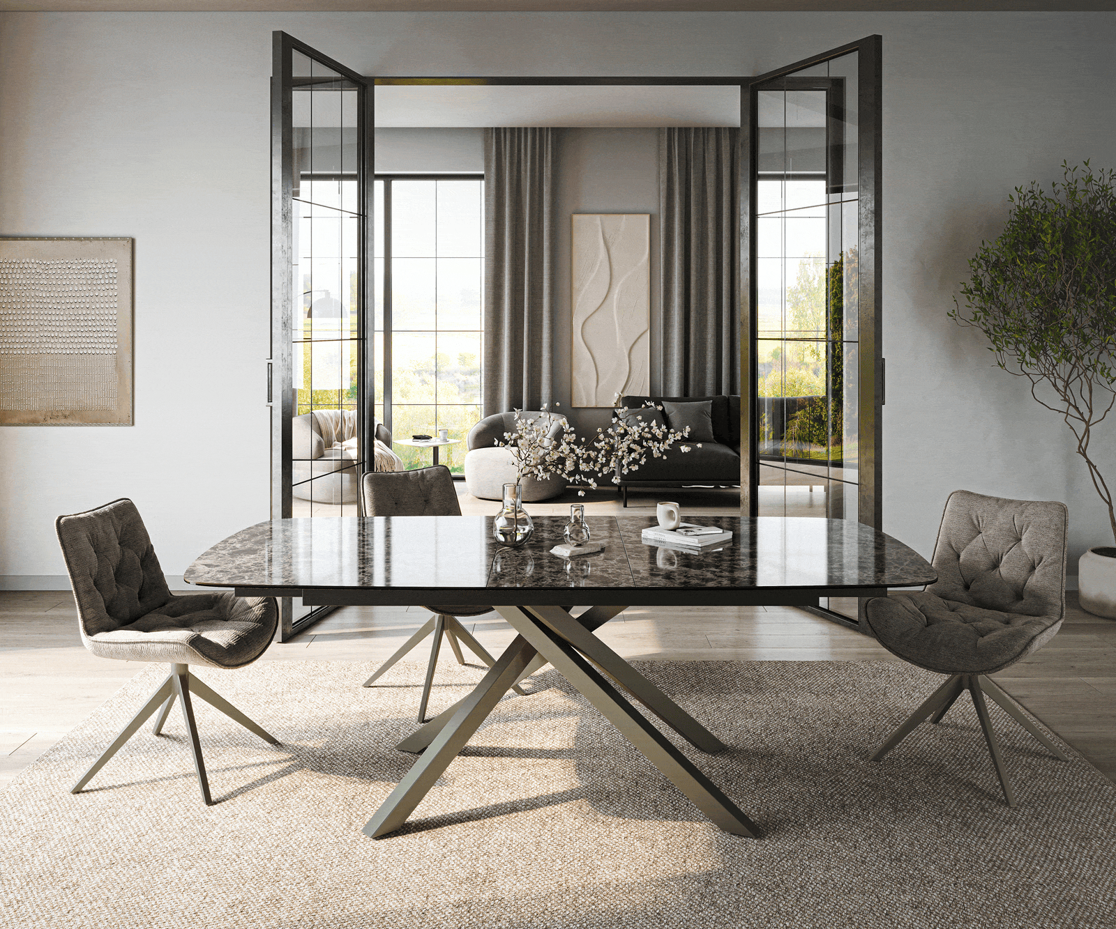 Esstisch Edge Boot 180-220x100 cm Keramik Emperador Extra Lucidato Dunkelbraun Kreuzgestell Rechteck Effektfinish Titan ausziehbar 1