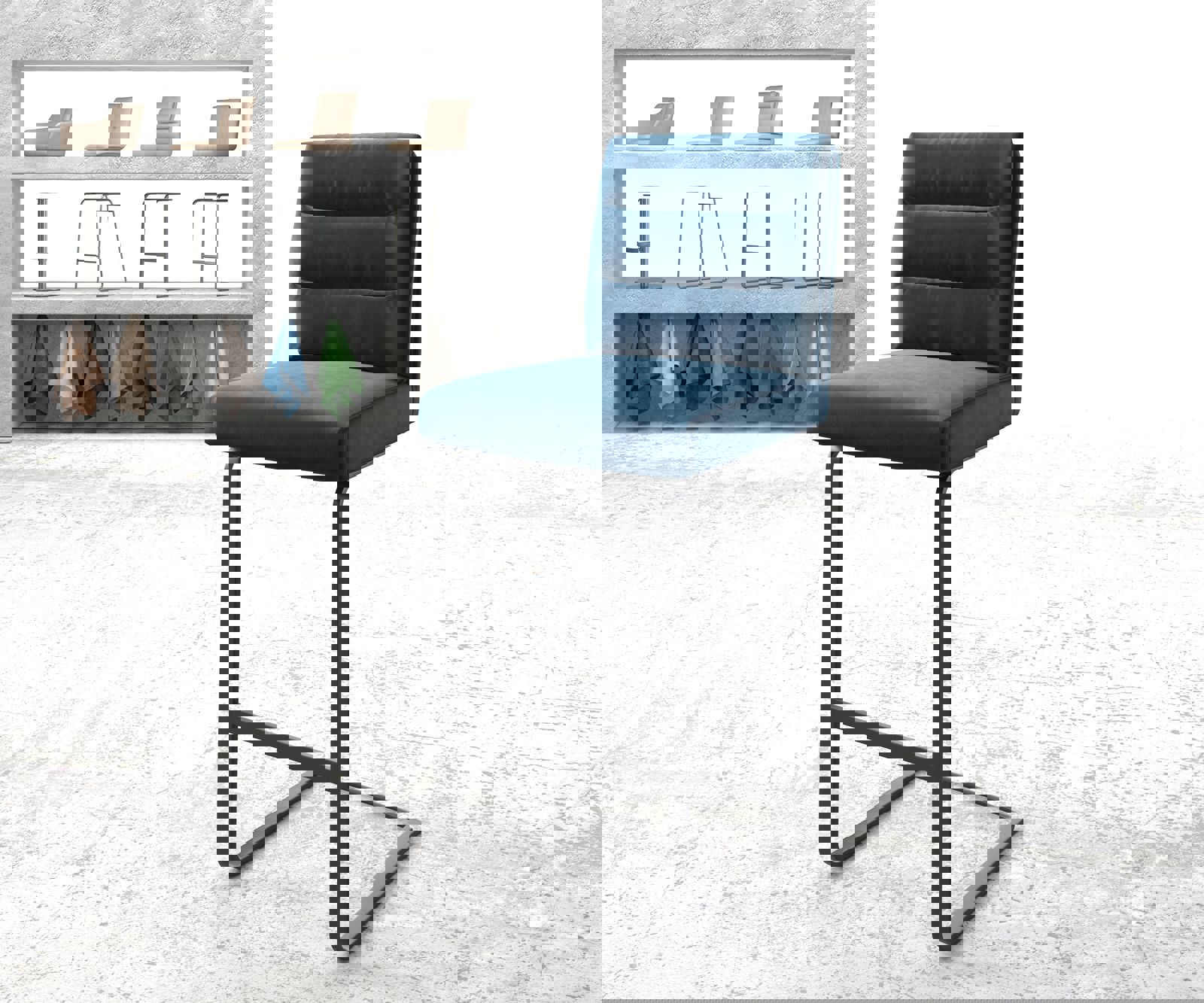 Barstuhl Pela-Flex Samt Blau Freischwinger flach Metall Barstuhl Pela-Flex Samt Blau Freischwinger flach Metall