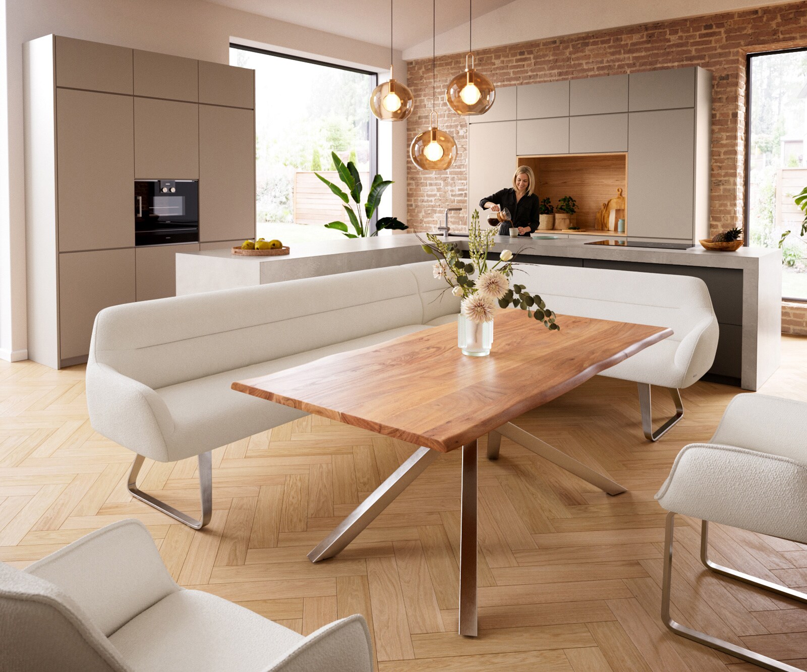 Esszimmerbank Taya-Flex 285x190 cm Bouclé Creme-Weiß Kufengestell flach Edelstahl Taschenfederkern Links