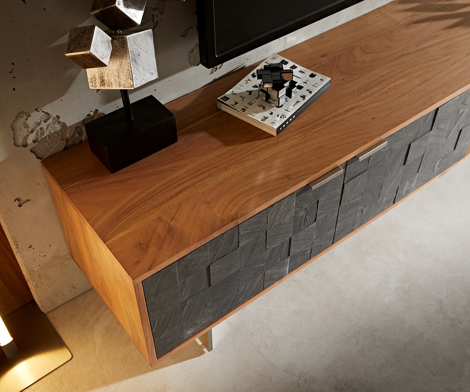 Lowboard Teele 160 cm Akazie Natur Schiefer 2 Türen Fuß schwebend Edelstahl 3 Lowboard Teele 160 cm Akazie Natur Schiefer 2 Türen Fuß schwebend Edelstahl 3