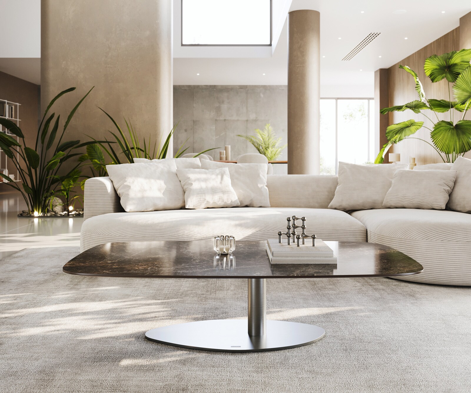 Couchtisch Edge Boot 140x80 cm Keramik Laminam® Emperador Extra Lucidato Dunkelbraun Vibany Edelstahl gebürstet 1