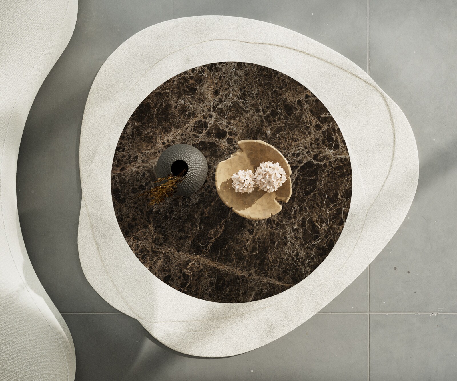 Table basse Edge rond 100x100 cm céramique Laminam® Emperador Extra Lucidato brun foncé Trive métal noir 2