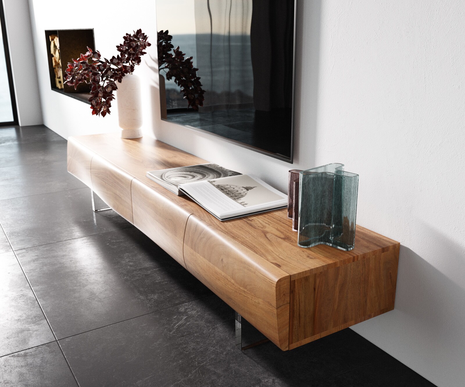 Meuble TV New Live-Edge 200 cm acacia naturel 4 portes pied acrylique 2