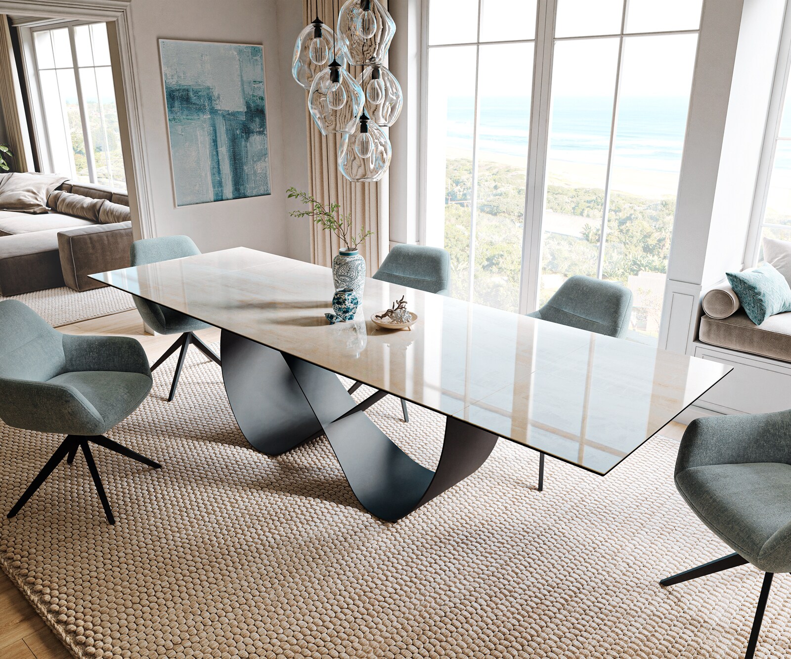 Esstisch Edge 200-300x100 cm Keramik Onyx Champagne Infinity Metall Schwarz ausziehbar