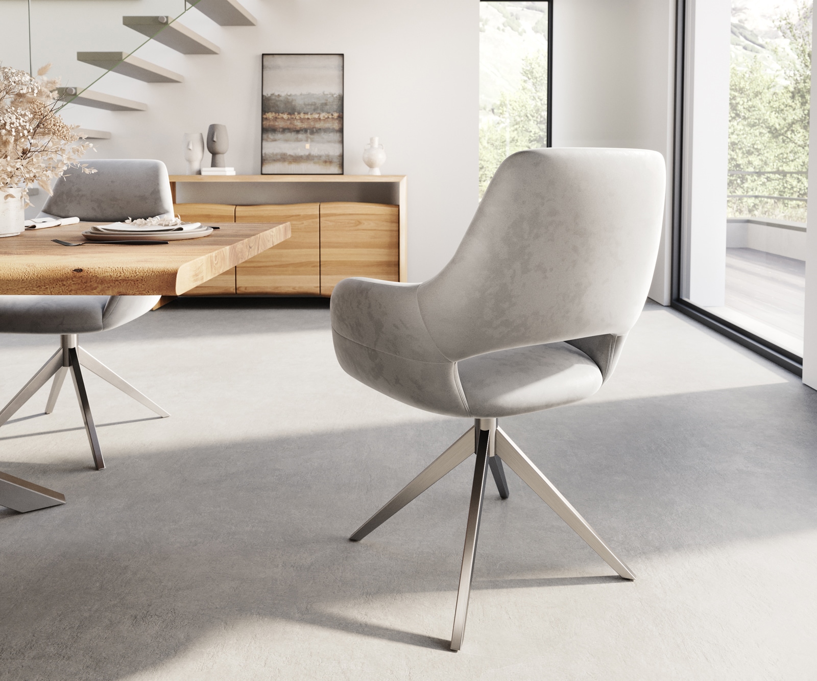 Esszimmerstuhl Yago-Flex mit Armlehnen Samt Grau Kreuzgestell breit Edelstahl Taschenfederkern 5 Esszimmerstuhl Yago-Flex mit Armlehnen Samt Grau Kreuzgestell breit Edelstahl Taschenfederkern 5