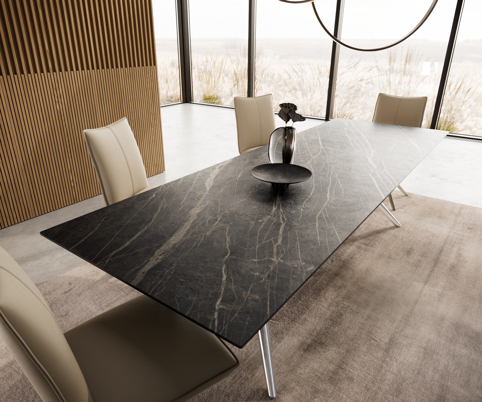 Esstisch Edge 300x100 Keramik Laminam®Noir Desir Braun Estelar rund Edelstahl 3