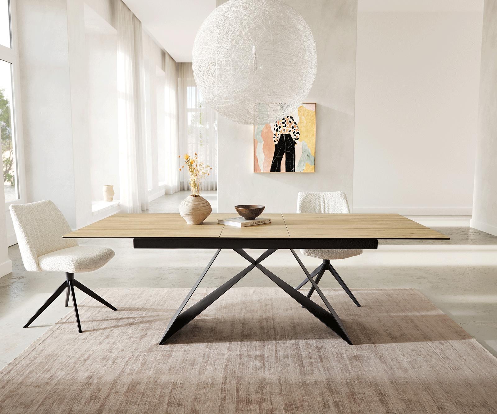 Esstisch Edge 180-220x100 Keramik Laminam® Sabbia Eichefarbig V-Gestell Flachstahl Schwarz ausziehbar 6