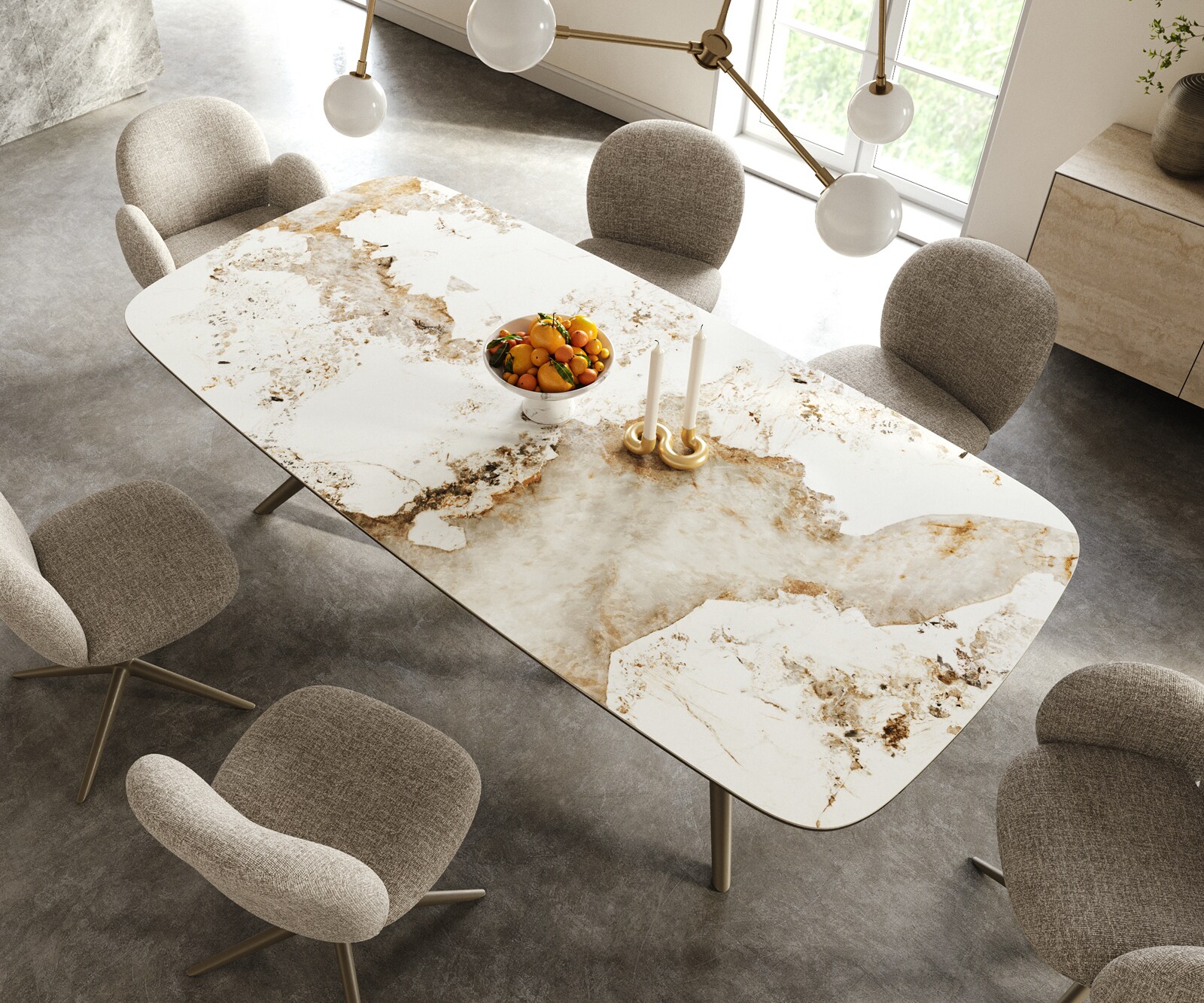 Esstisch Edge Boot 240x120 cm Keramik Minas Melange Weiß-Beige Estelar rund Metall Effektfinish Titan 3