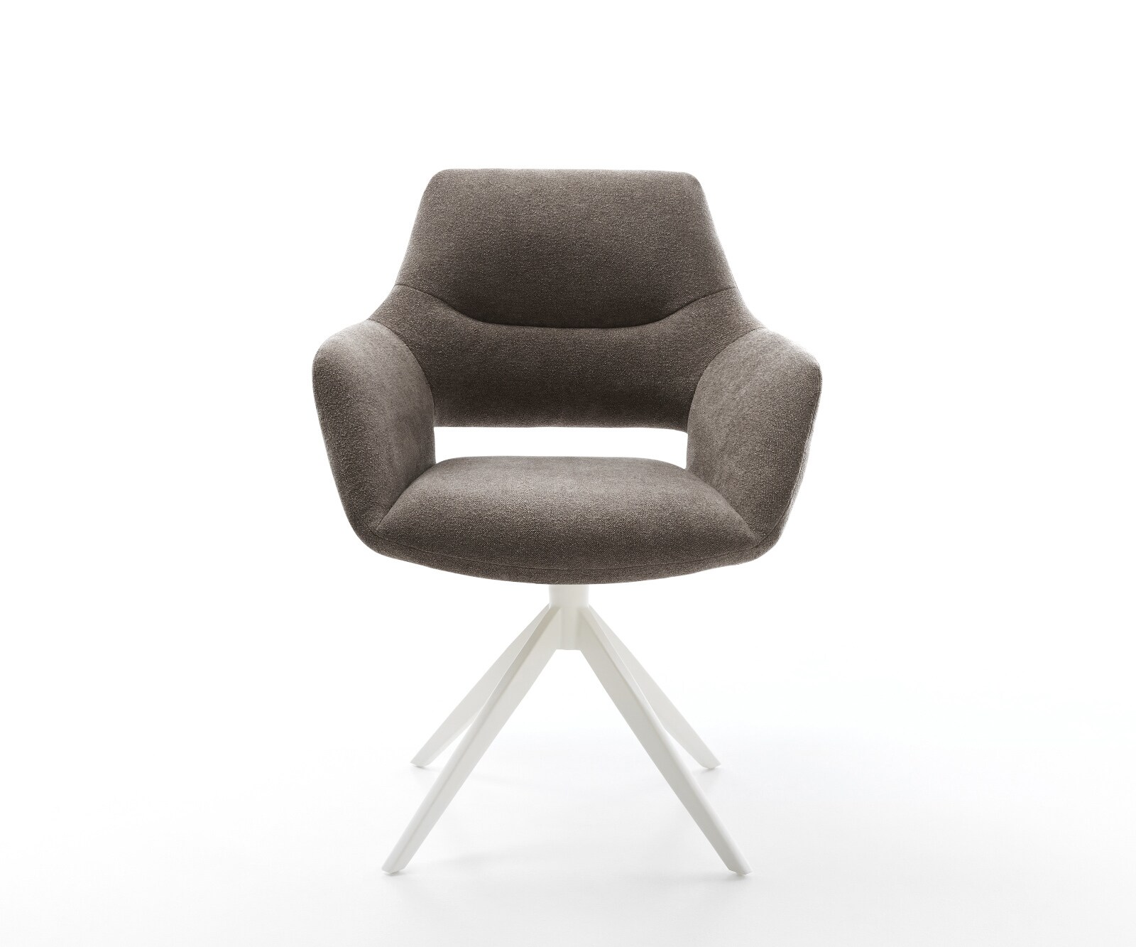 Chaise-pivotante Yago-Flex avec accoudoirs tissu structuré doux taupe pied croisé large blanc pivotement sur 360° fonction bascule ressorts ensachés 2