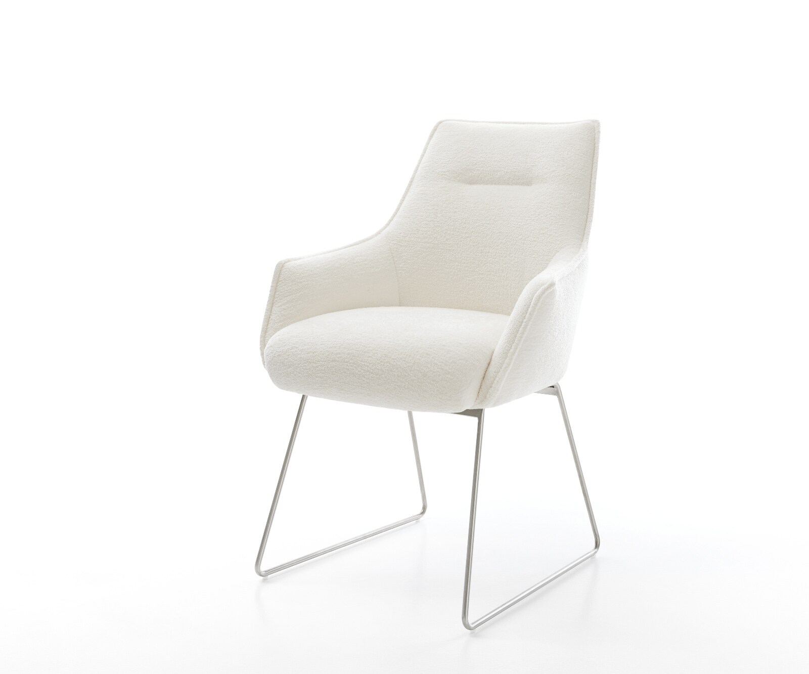 Chaise-de-salle-à-manger Alja-Flex avec accoudoirs bouclé doux beige pied trapèze acier inoxydable resorts ensachés 1