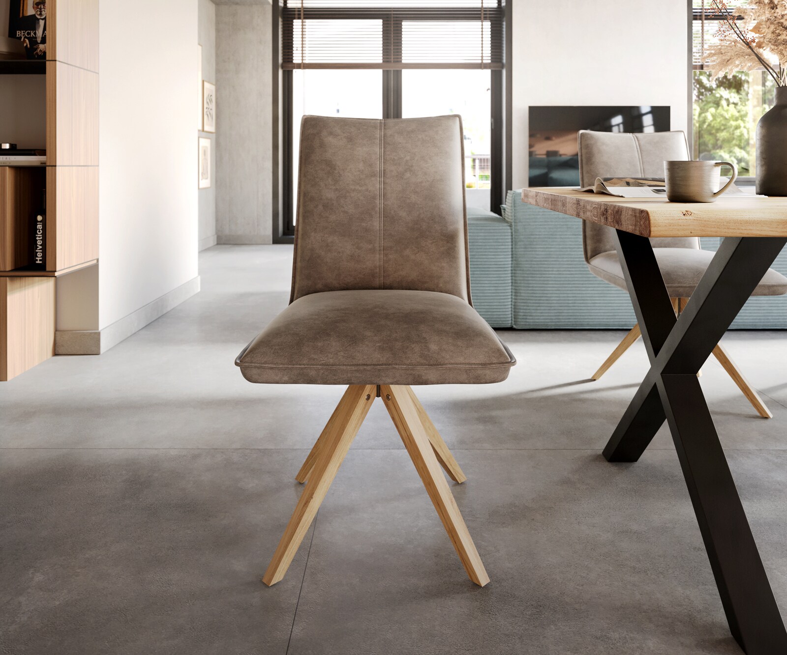Esszimmerstuhl Lelio-Flex Mikrofaser Taupe Vintage Holzgestell kantig Natur 360° drehbar Taschenfederkern 2