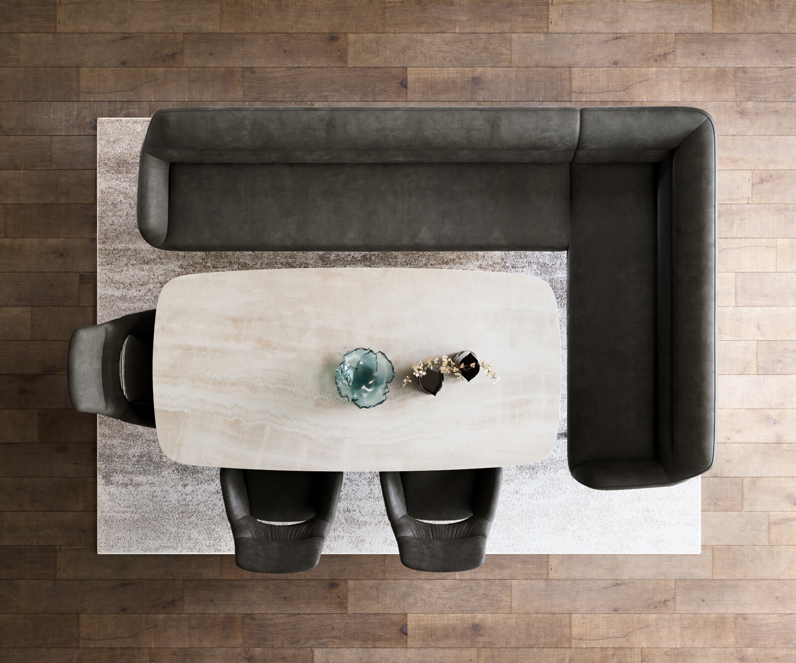 Esszimmerbank Taya-Flex 285x190 cm Mikrofaser Anthrazit Vintage Kufengestell flach Edelstahl Taschenfederkern Rechts 6