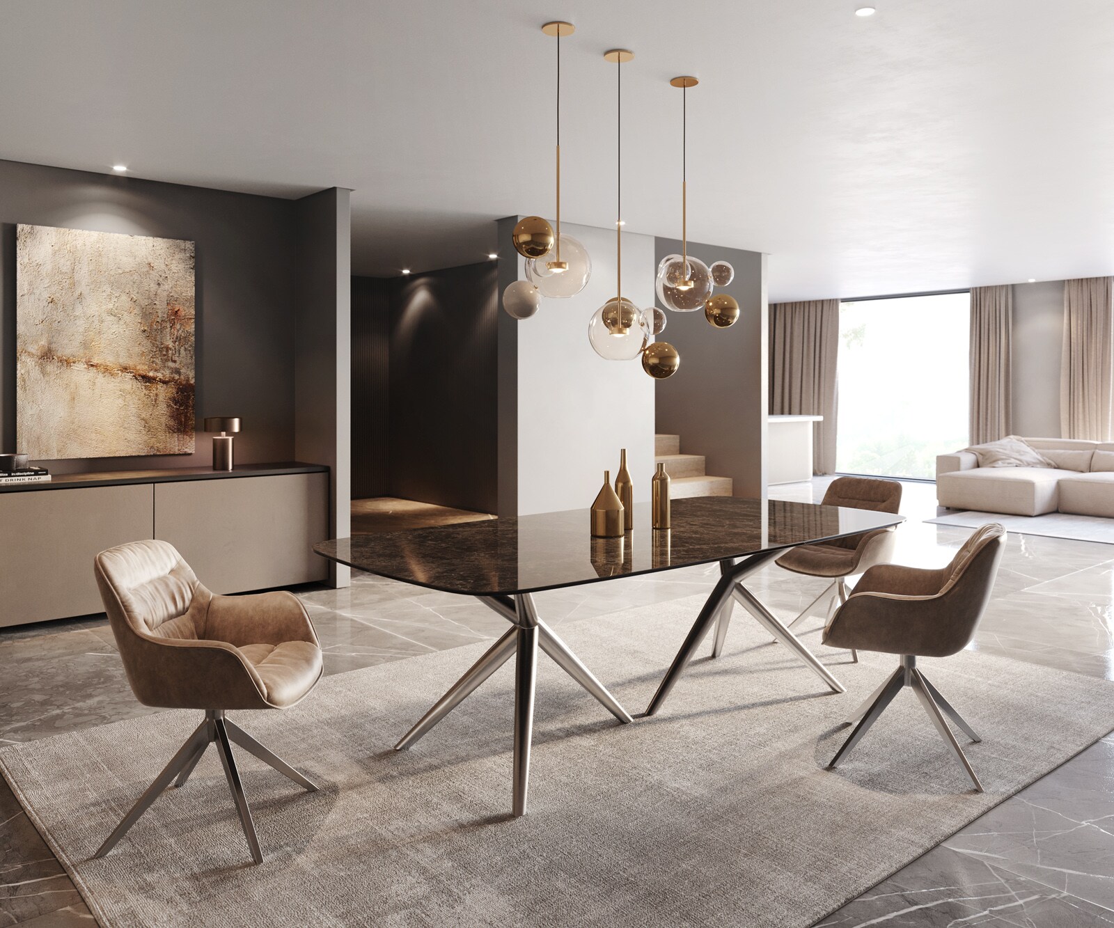 Esstisch Edge Boot 240x120 Keramik Laminam® Emperador Extra Lucidato Dunkelbraun Estelar rund Edelstahl 6