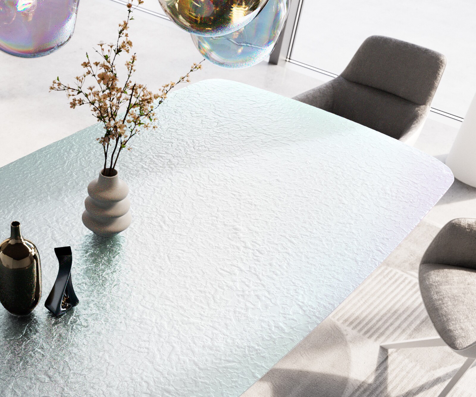Esstisch Edge Boot 240x120 cm Reliefglas Perlmutt 3D-Design Spider Metall Weiß 3