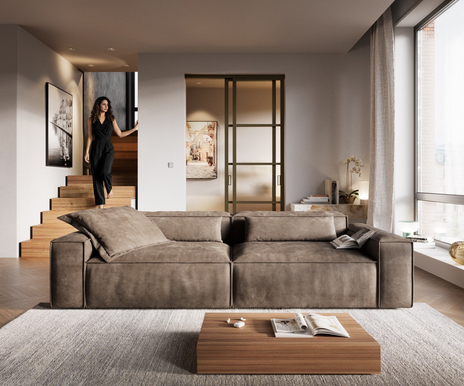 Big-Sofa Freestyle 280x110 cm Mikrofaser Taupe Vintage Kedernaht 1