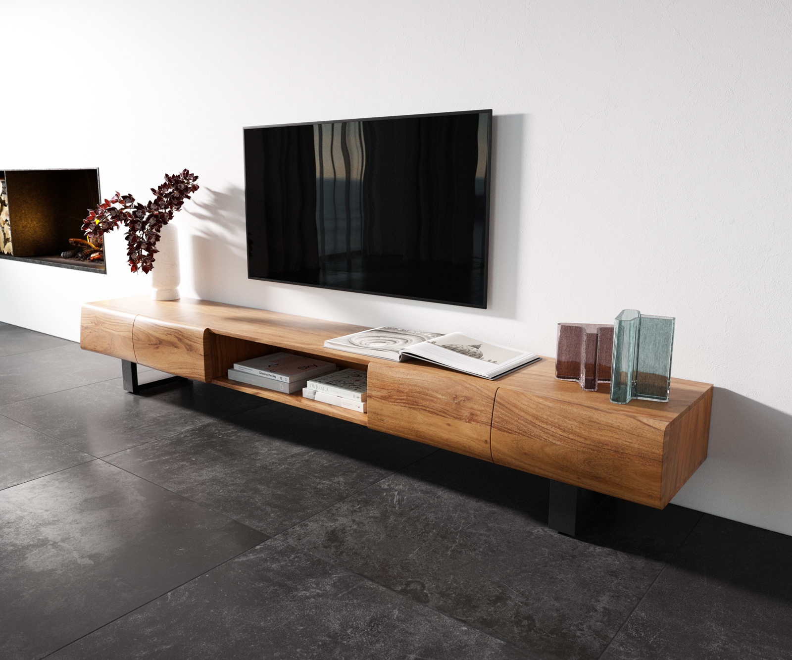 MeuNle-TV ew Live-Edge 240 cm acacia naturel 4 portes 1 compartiment patins métal noir MeuNle-TV ew Live-Edge 240 cm acacia naturel 4 portes 1 compartiment patins métal noir