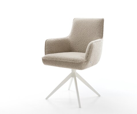 Chaise-pivotante Heira-Flex avec accoudoirs bouclé boue pied croisé large blanc pivotement sur 360° fonction bascule ressorts ensachés