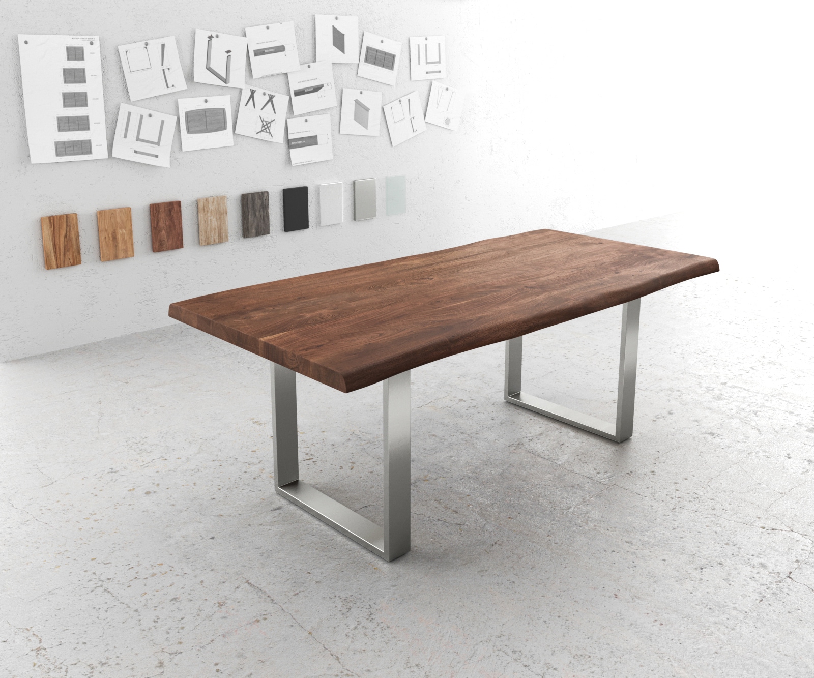 Esstisch Edge 200x100 XL Akazie Braun Edelstahl Schmal Live-Edge Esstisch Edge 200x100 XL Akazie Braun Edelstahl Schmal Live-Edge