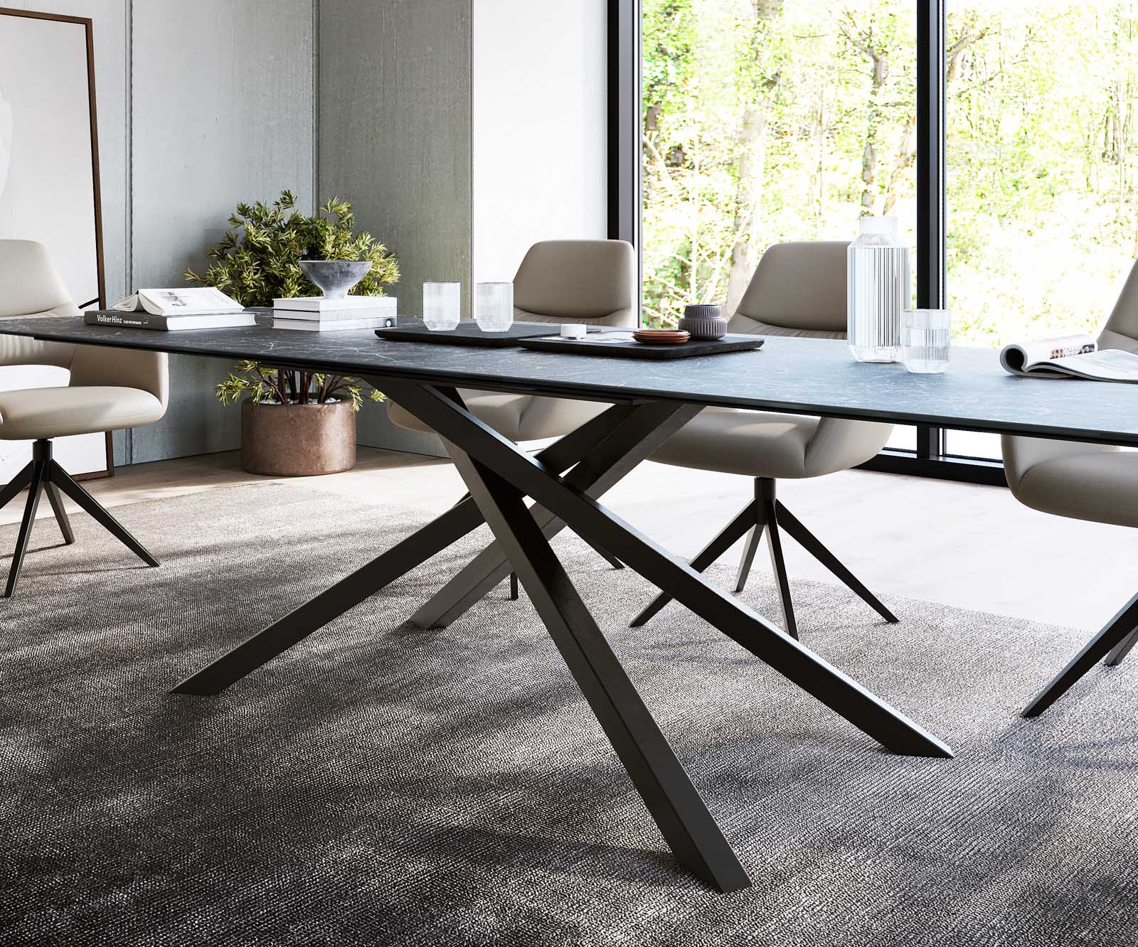 Table-à-manger Edge 300x100cm Laminam® céramique gris pieds milieu croisé noir 4