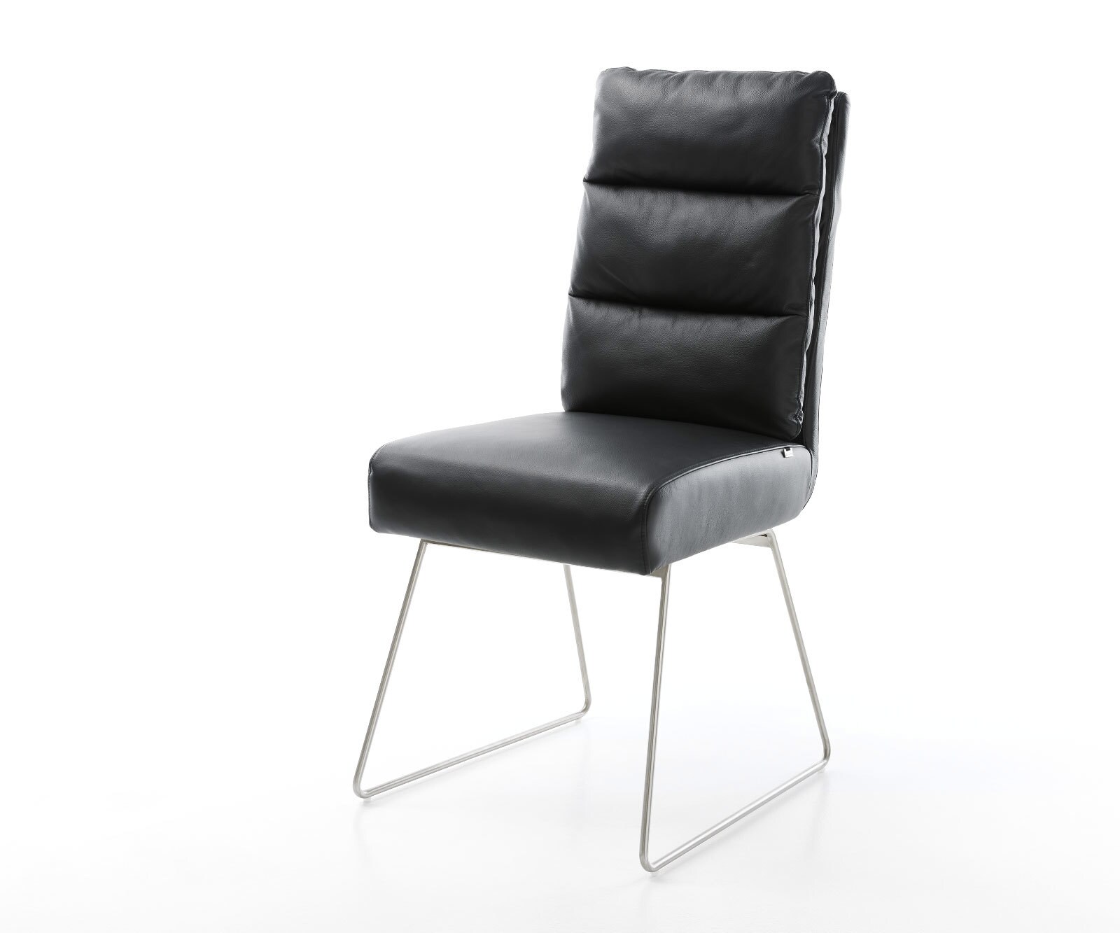 Chaise-de-salle-à-manger Pela-Flex cuir de vache noir pied trapèze acier inoxydable brossé ressorts ensachés