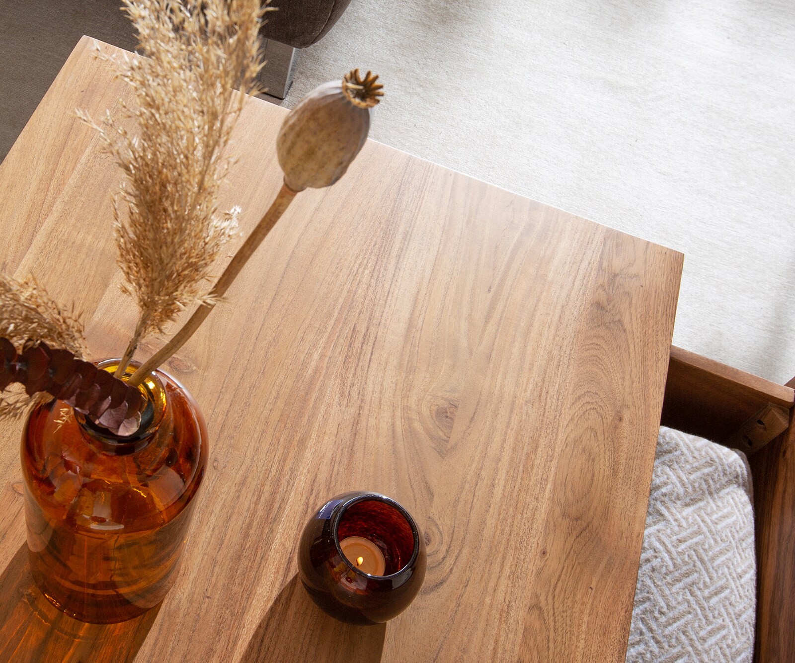 Table basse Stonegrace 115x60 acacia nature 1 tiroir placage en pierre pieds en V 5