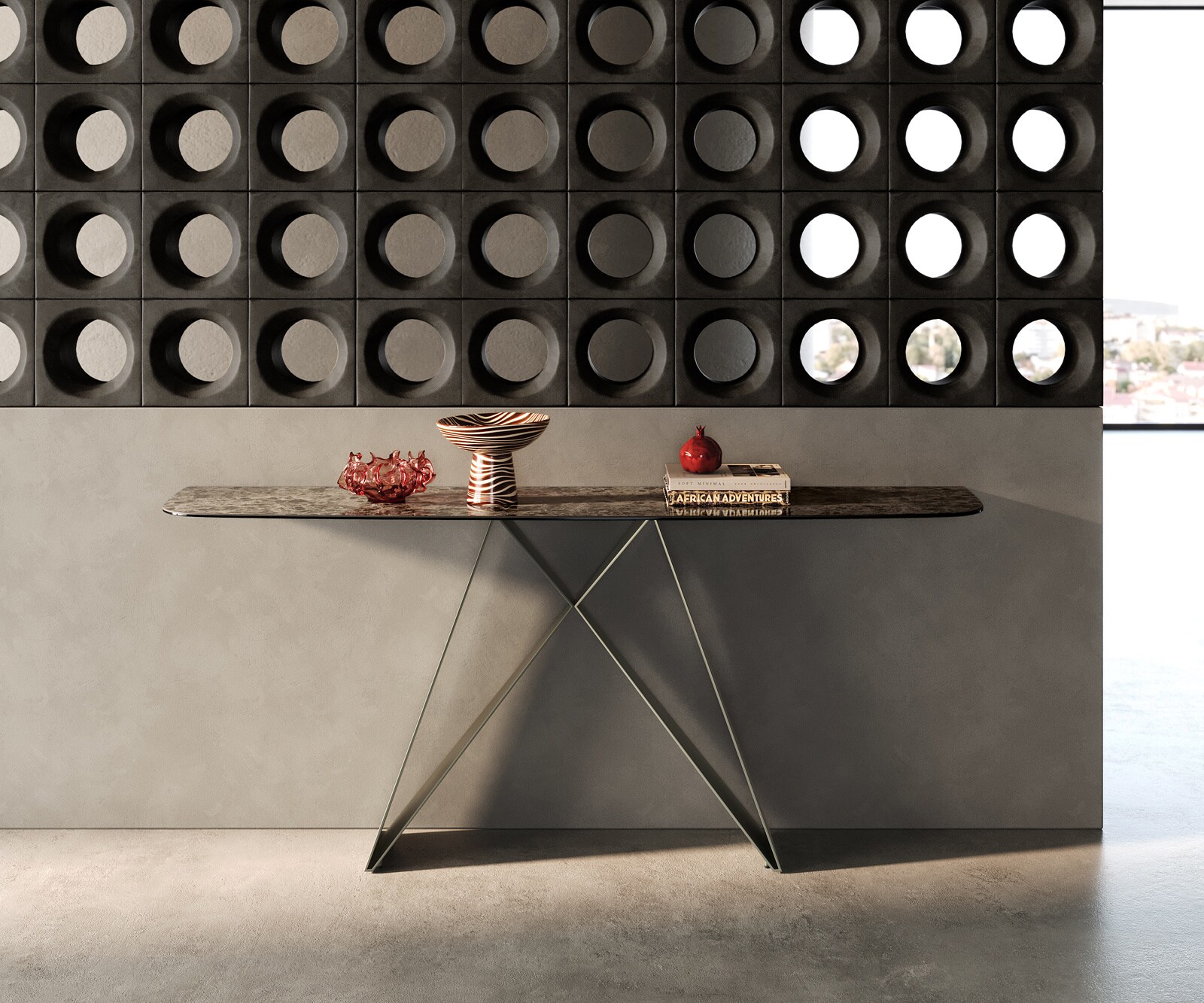 Console Edge forme bateau 180x40 cm Céramique Emperador Extra Lucidato Dunkelbraun Velio Métal Effektfinish Titan