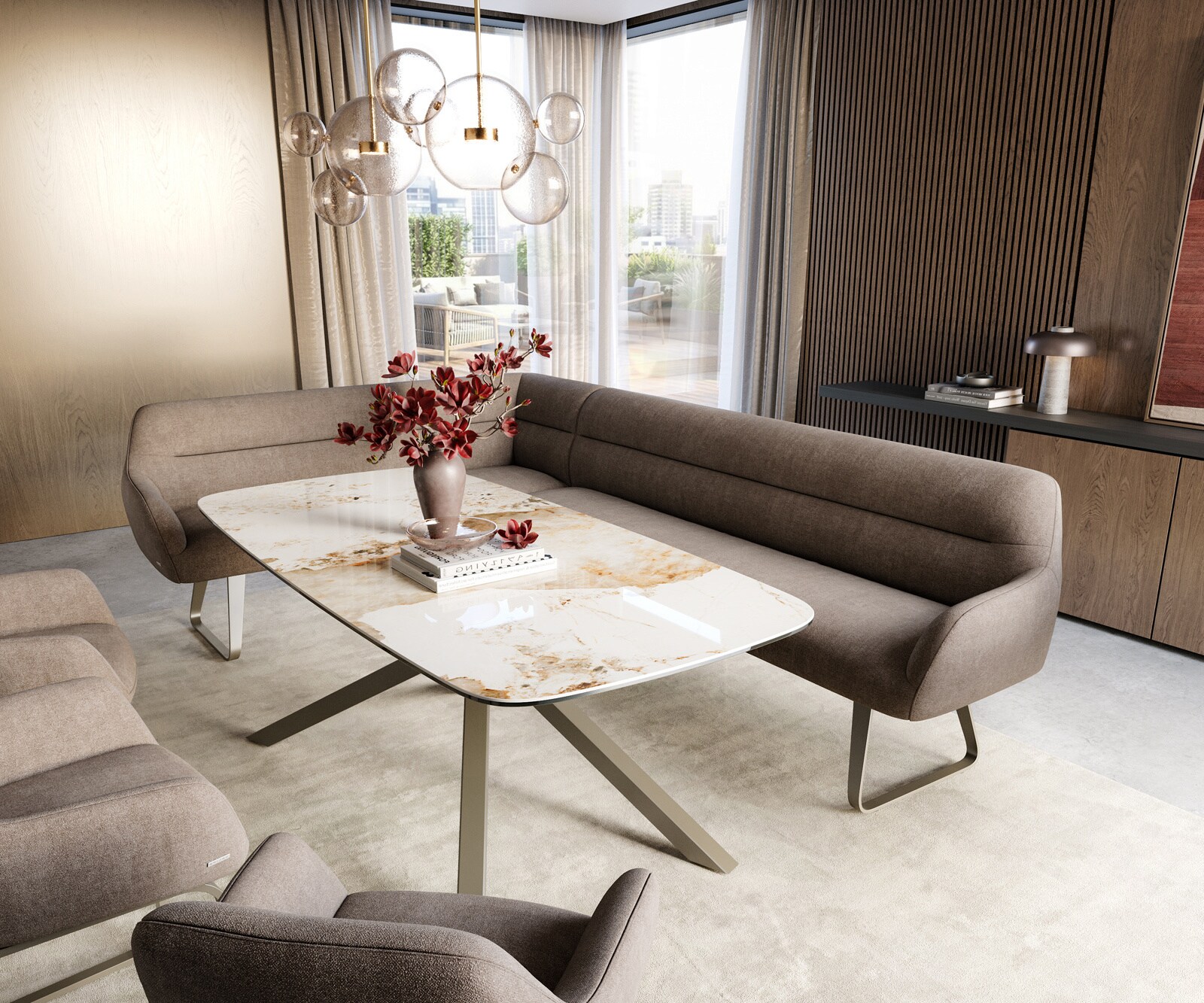 Esszimmerbank Taya-Flex 285x190 cm Strukturstoff Soft Taupe Kufengestell flach Effektfinish Titan Taschenfederkern Rechts