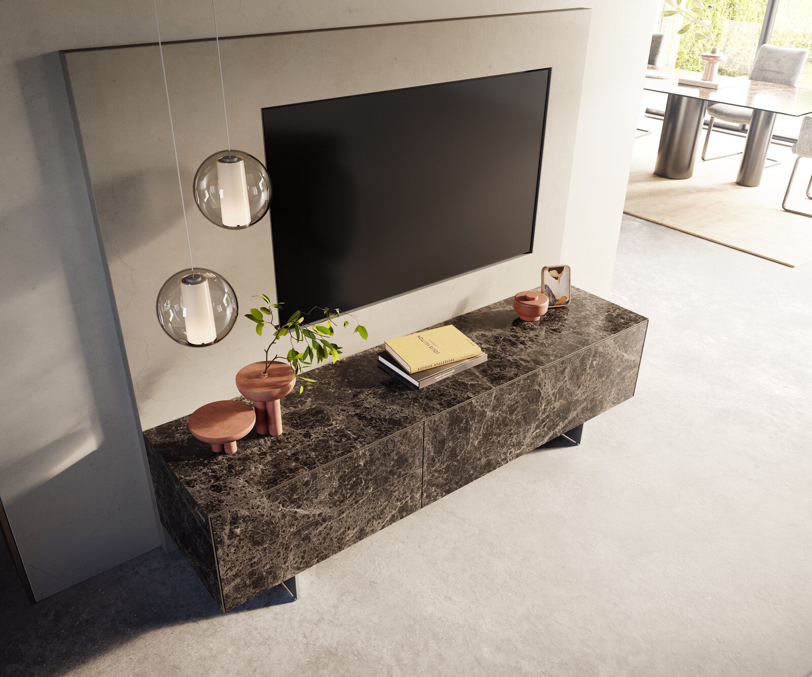 Lowboard Cuor 180 cm Keramik Laminam® Emperador Extra Lucidato Dunkelbraun 1 Klappe 2 Schubfächer Fuß Schwebeoptik Edelstahl 3