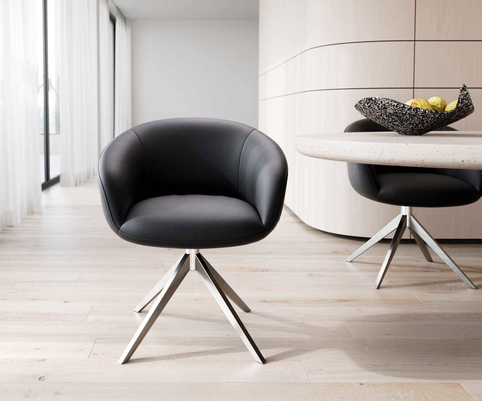 Chaise-pivotante Vinka-Flex avec accoudoirs cuir de vache noir pied croisé large acier inoxydable brossé pivotement sur 360° ressorts ensachés 1
