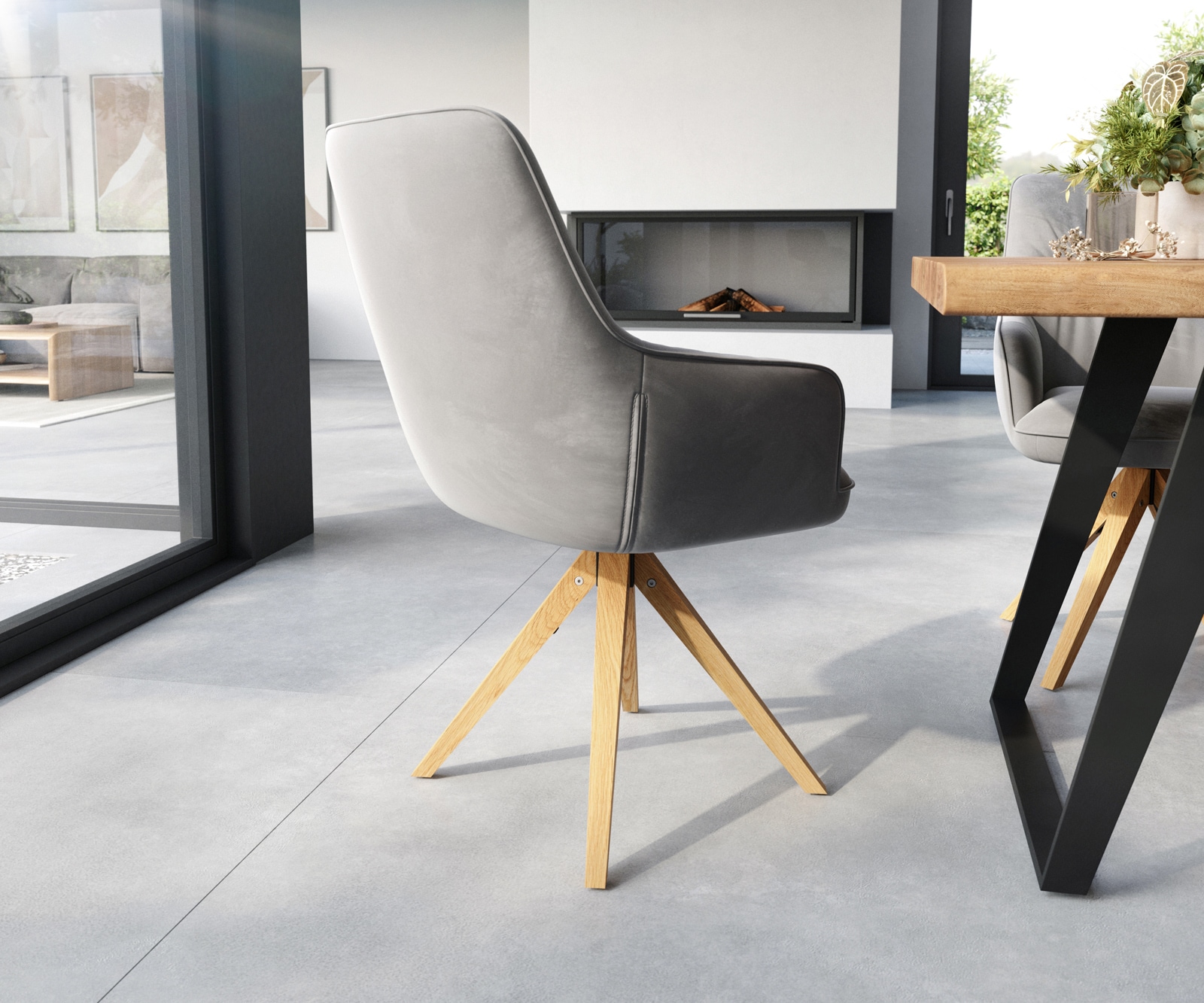 Esszimmerstuhl Zelia-Flex mit Armlehnen Samt Grau Holzgestell kantig Natur Taschenfederkern 5
