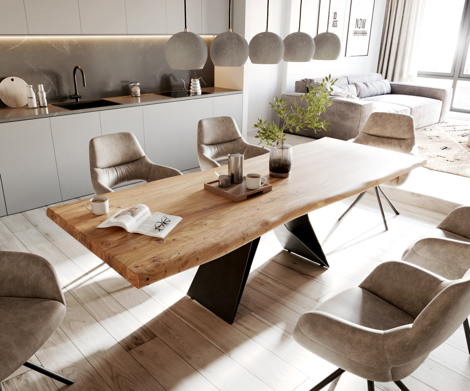 Table à manger Edge 260x100 XL acacia nature cadre en V acier plat noir Live-Edge 1