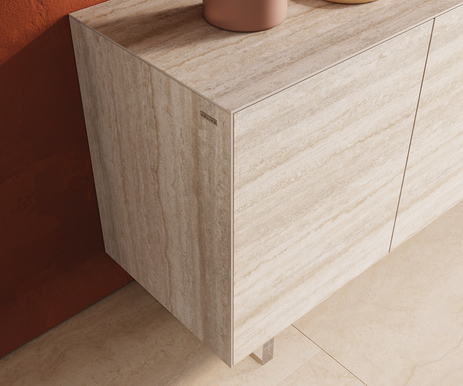 Sideboard Cuor 150 cm Keramik Laminam® Travertino Bianco Creme-Weiß 3 Türen Fuß Schwebeoptik Acrylglas 5