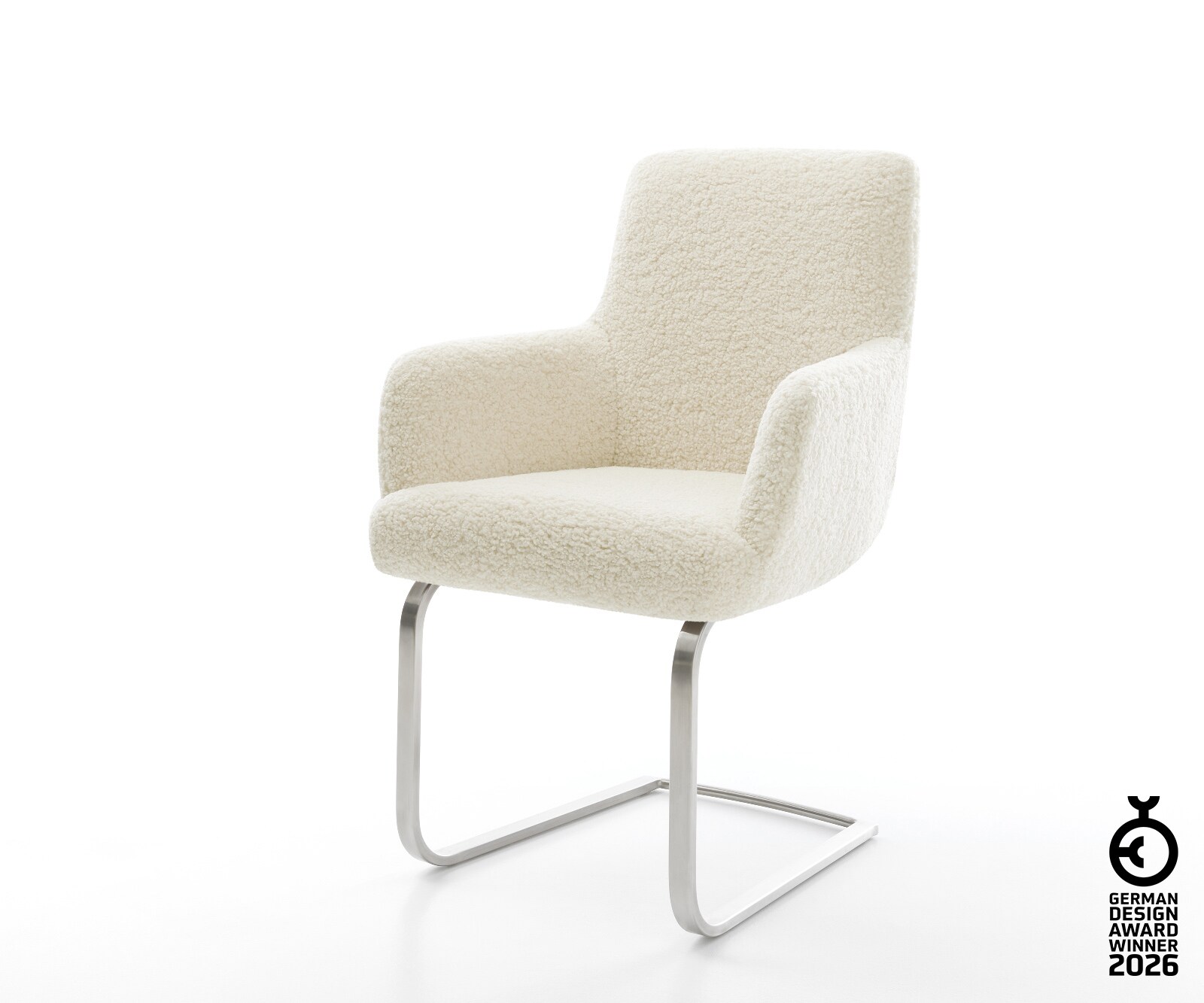 Freischwinger Heira-Flex mit Armlehnen Teddystoff Beige Freischwinger flach Edelstahl Taschenfederkern