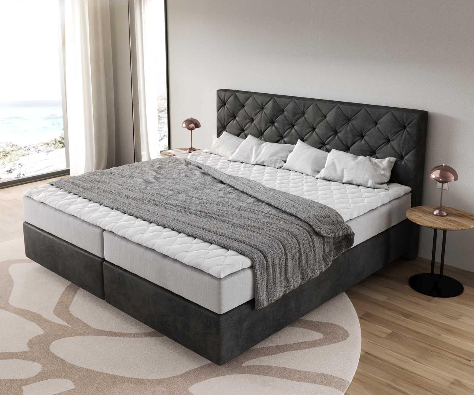 Boxspringbett Dream-Great Mikrofaser Anthrazit Vintage 200x200 cm mit Taschenfederkernmatratze und Topper Visco 3 Boxspringbett Dream-Great Mikrofaser Anthrazit Vintage 200x200 cm mit Taschenfederkernmatratze und Topper Visco 3
