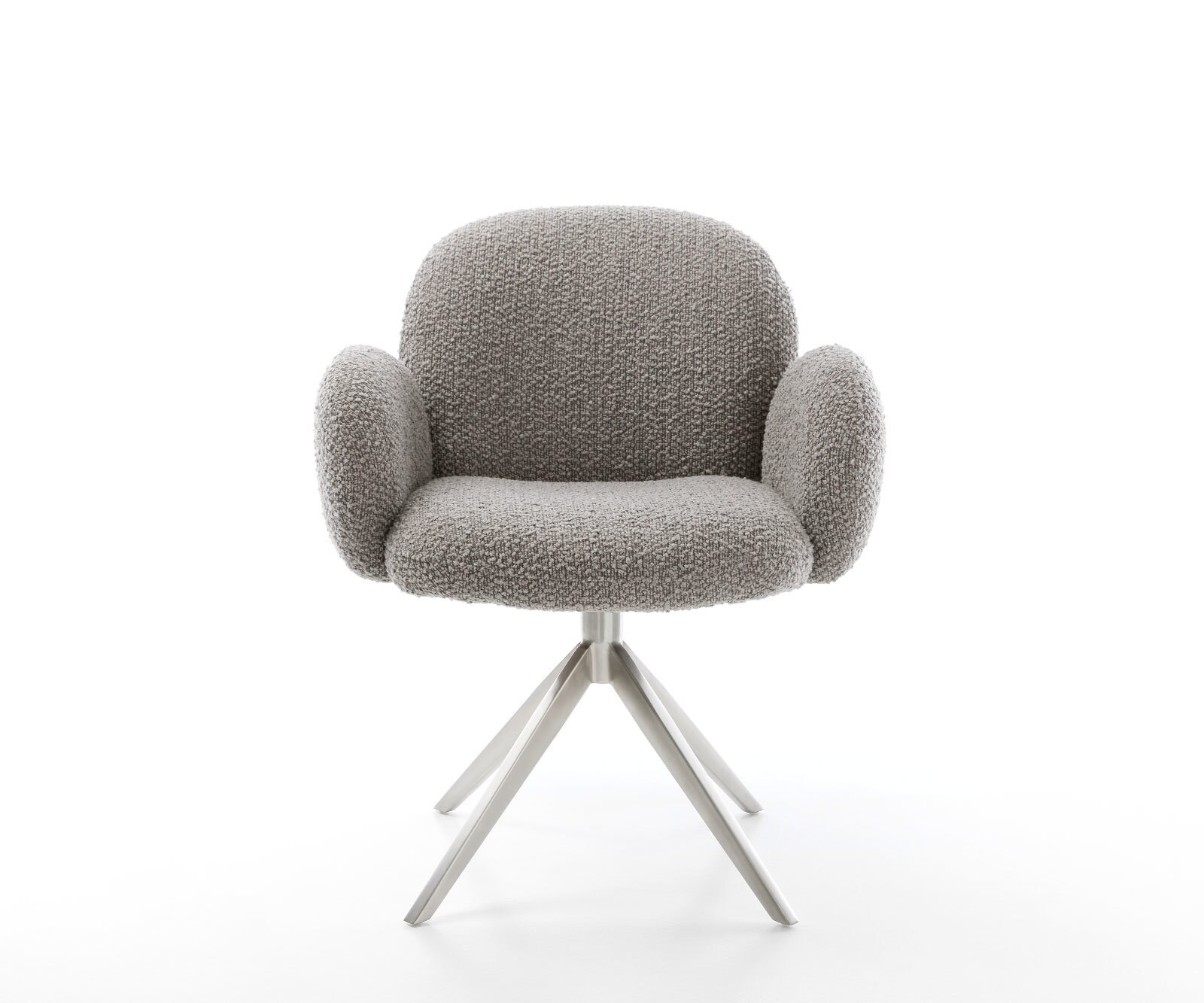 Drehstuhl Nube-Flex mit Armlehnen Bouclé Silbergrau Kreuzgestell breit Edelstahl 360° drehbar Wippfunktion Taschenfederkern 1