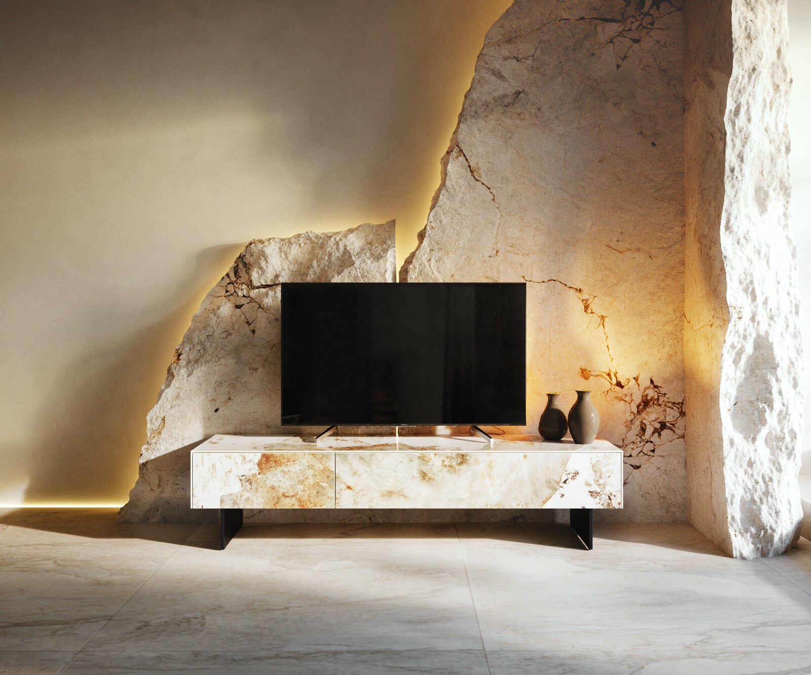 Meuble-TV Cuor 150 cm Céramique Minas Melange Blanc-beige 1 Clapet 1 Tiroir Pied optique flottant Métal Noir