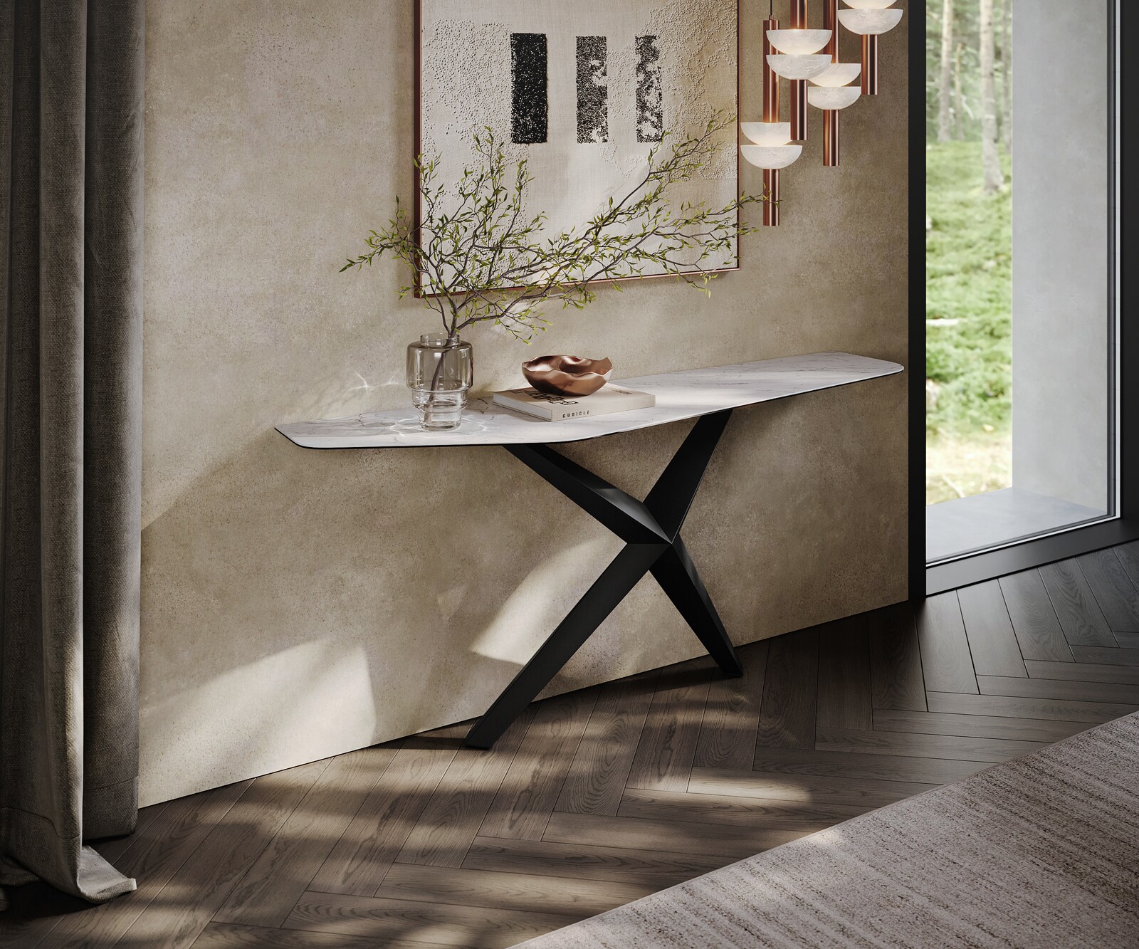Konsolentisch Edge Polygonal 180x50 cm Keramik Laminam® Statuarietto Weiß Zentharo Metall Schwarz 4