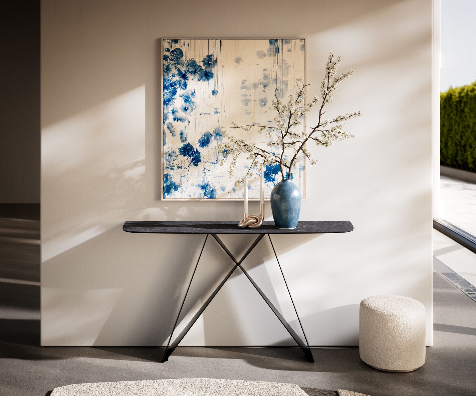 Console Edge forme bateau 140x40 cm Céramique Laminam® Nero Greco Anthrazit Velio Métal Noir 1
