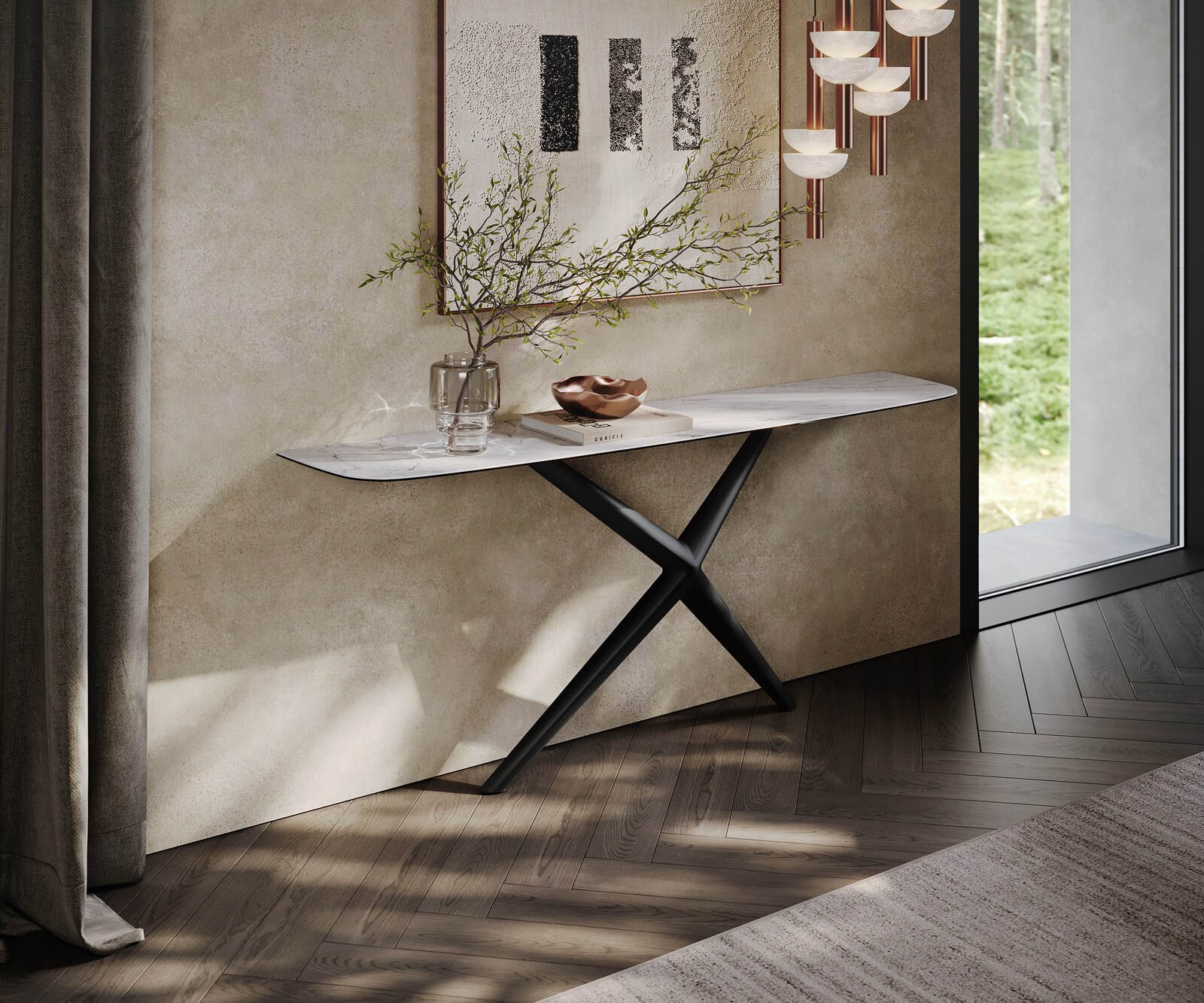 Console Edge forme bateau 180x40 cm Céramique Laminam® Statuarietto Weiß Estelo Métal Noir 3