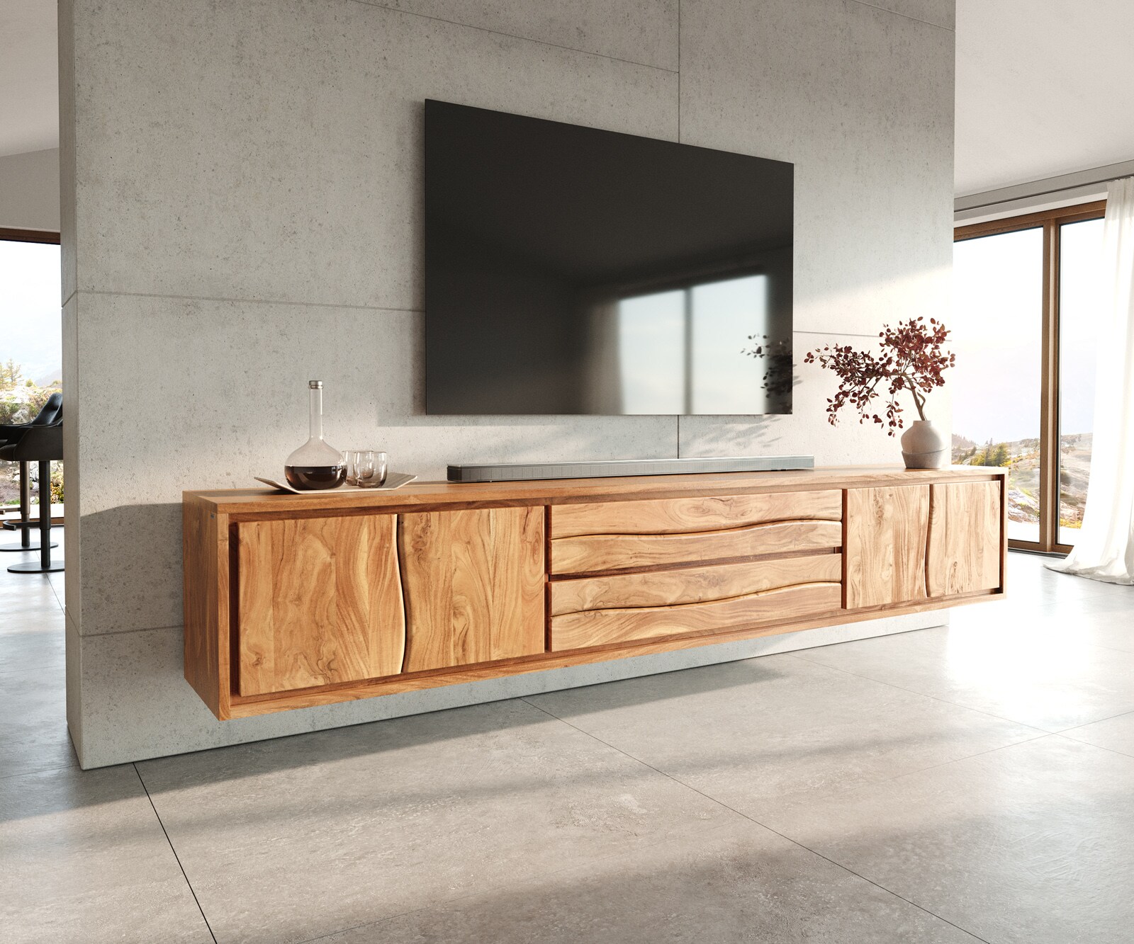 Meuble-TV Live-Edge 300 cm acacia naturel 4 portes 2 tiroirs suspendus 1