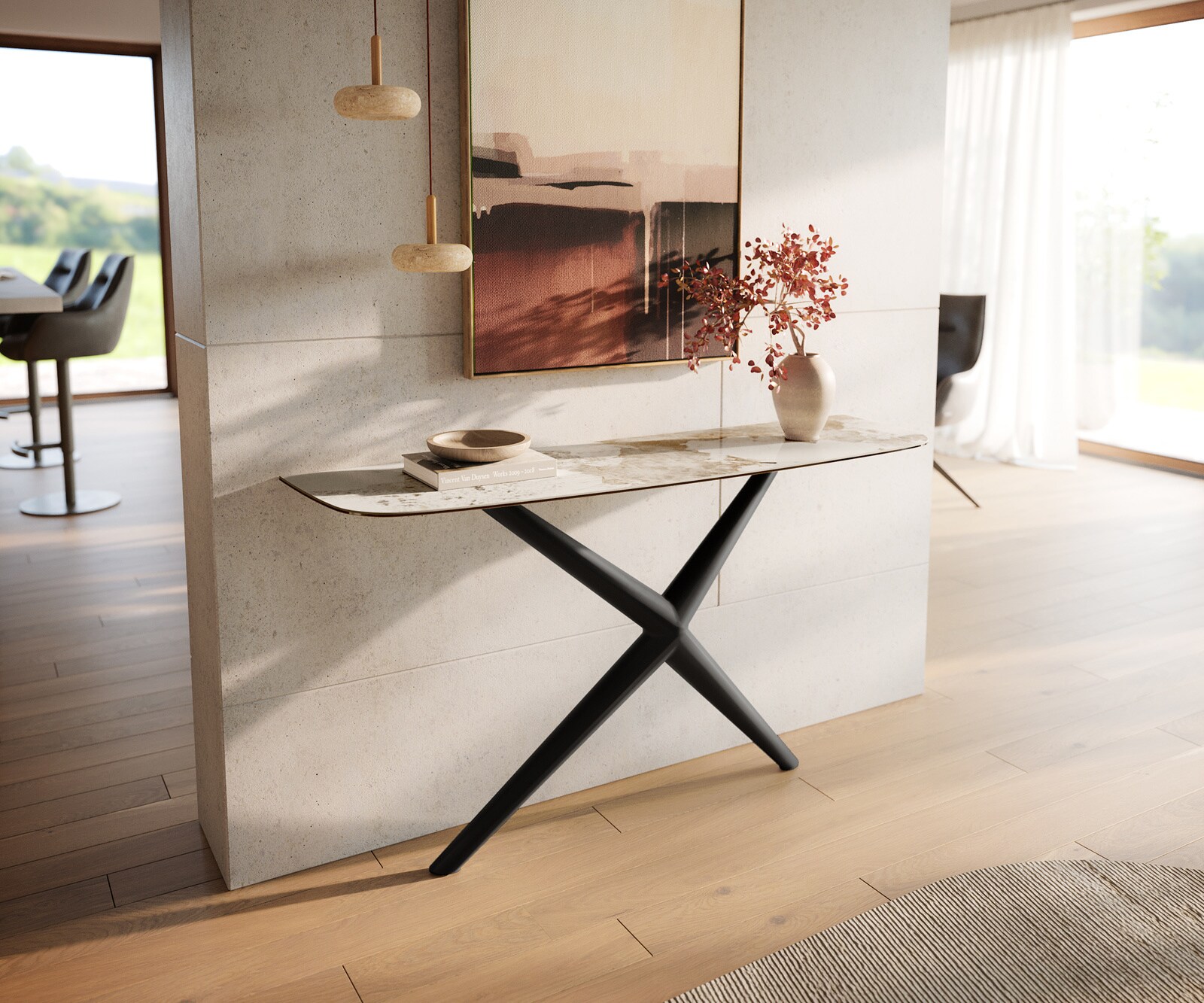 Console Edge forme bateau 140x40 cm Céramique Minas Melange Weiß-Beige Estelo Métal Noir 1