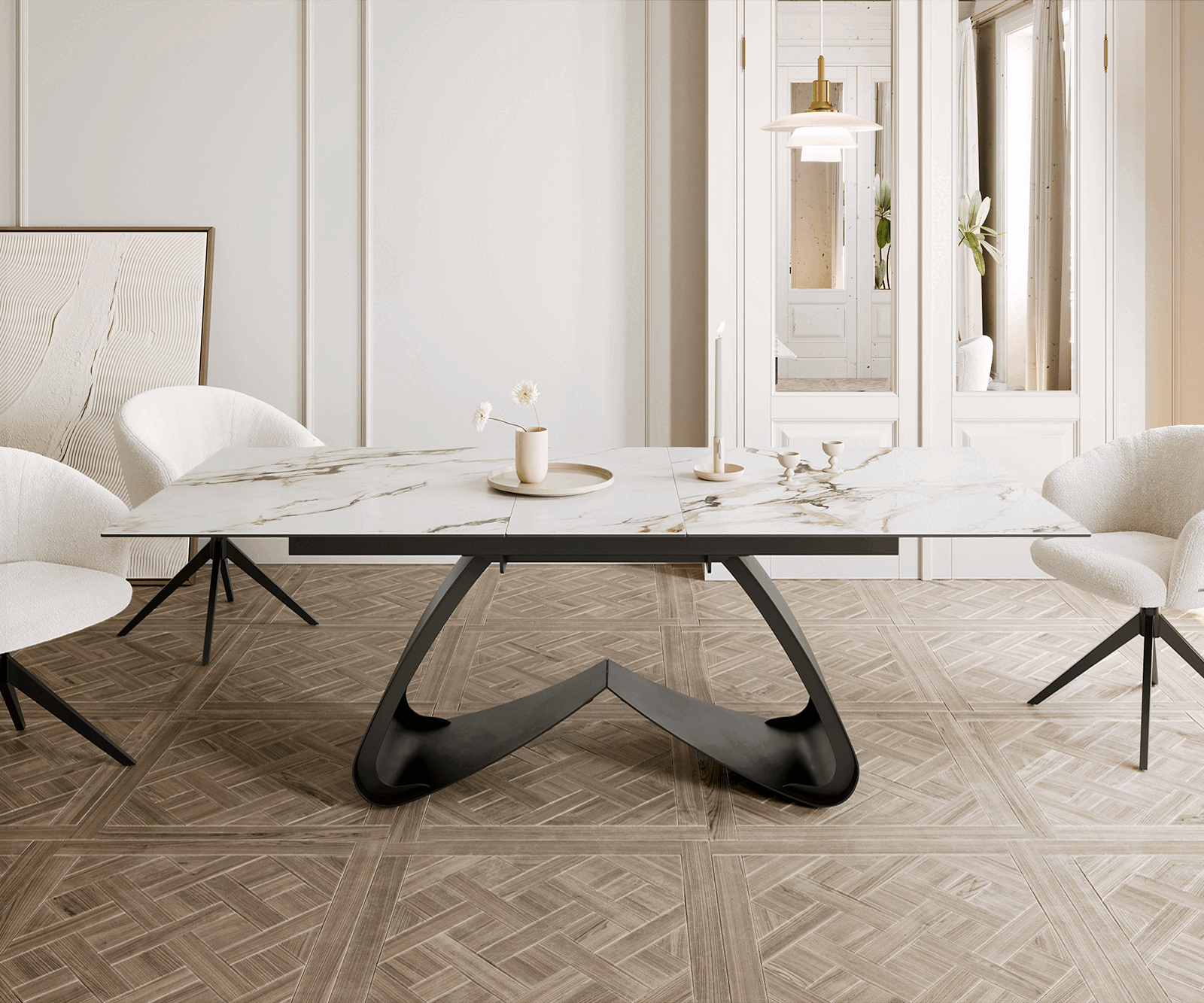 Esstisch Edge 180-220x100 Keramik Calacatta Luxe Weiß-Gold-Grau W-Gestell Schwarz ausziehbar 1