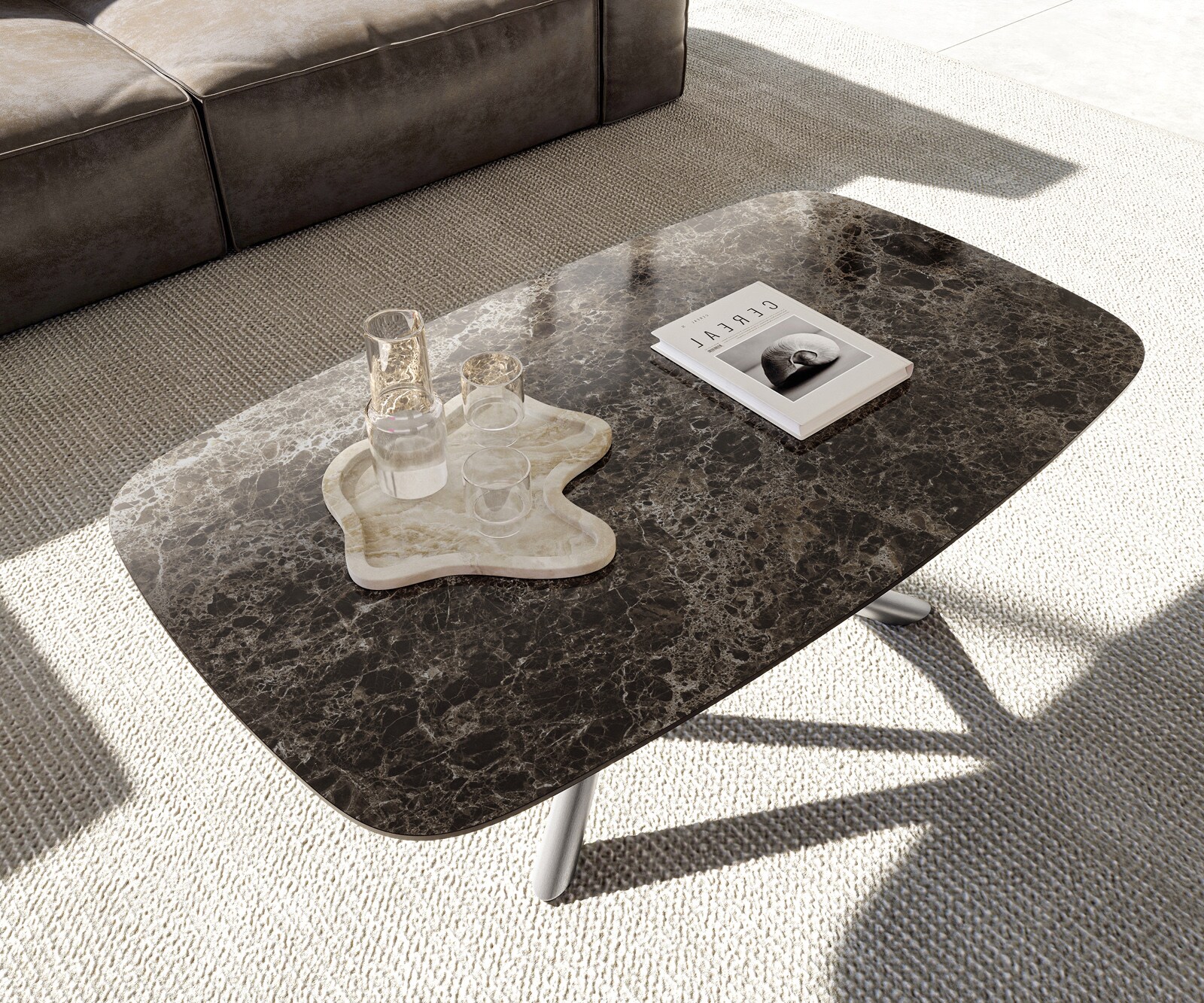 Couchtisch Edge Boot 120x70 cm Keramik Emperador Extra Lucidato Dunkelbraun Sarity Edelstahl gebürstet 4