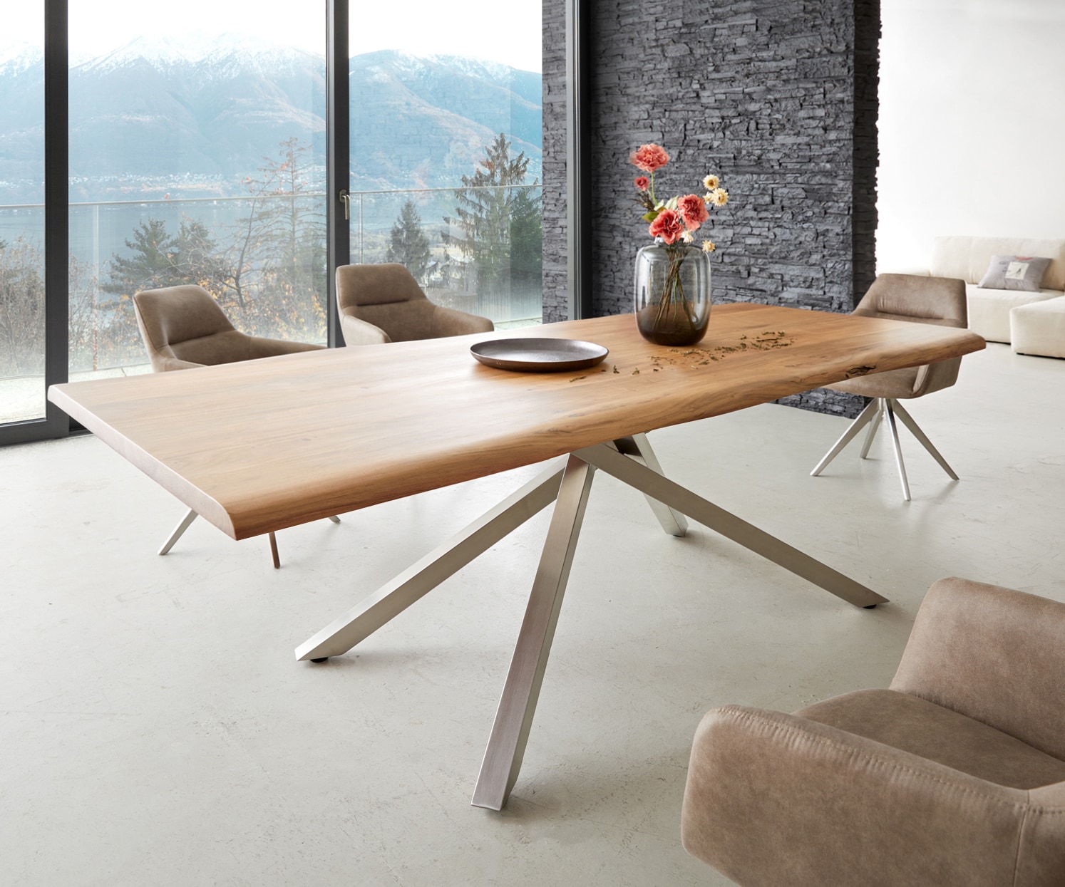 Esstisch Edge 240x100 Akazie Natur Kreuzgestell Rechteck Edelstahl Live-Edge Esstisch Edge 240x100 Akazie Natur Kreuzgestell Rechteck Edelstahl Live-Edge