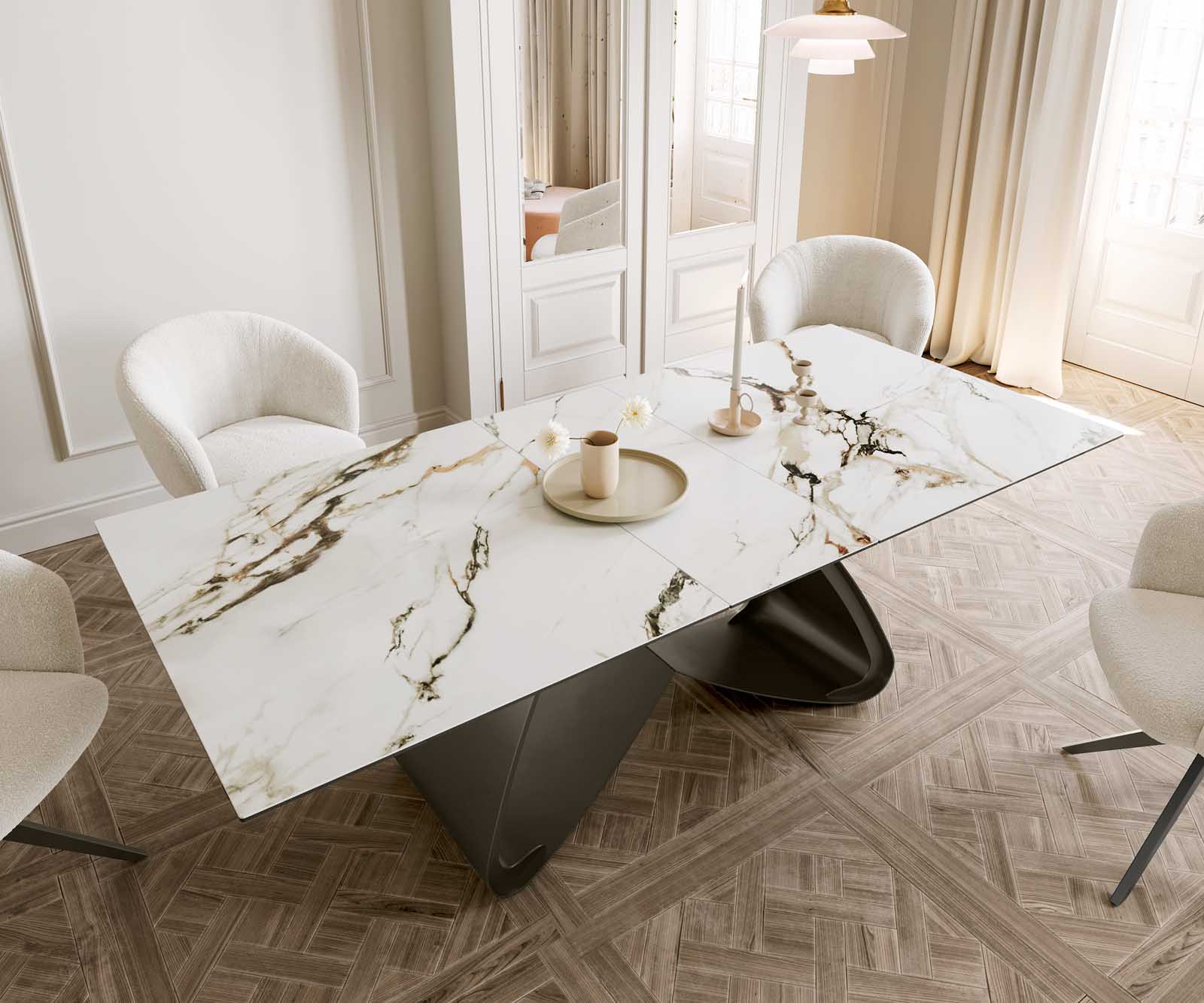 Esstisch Edge 180-220x100 Keramik Calacatta Luxe Weiß-Gold-Grau W-Gestell Effektfinish Titan Ausziehbar 6