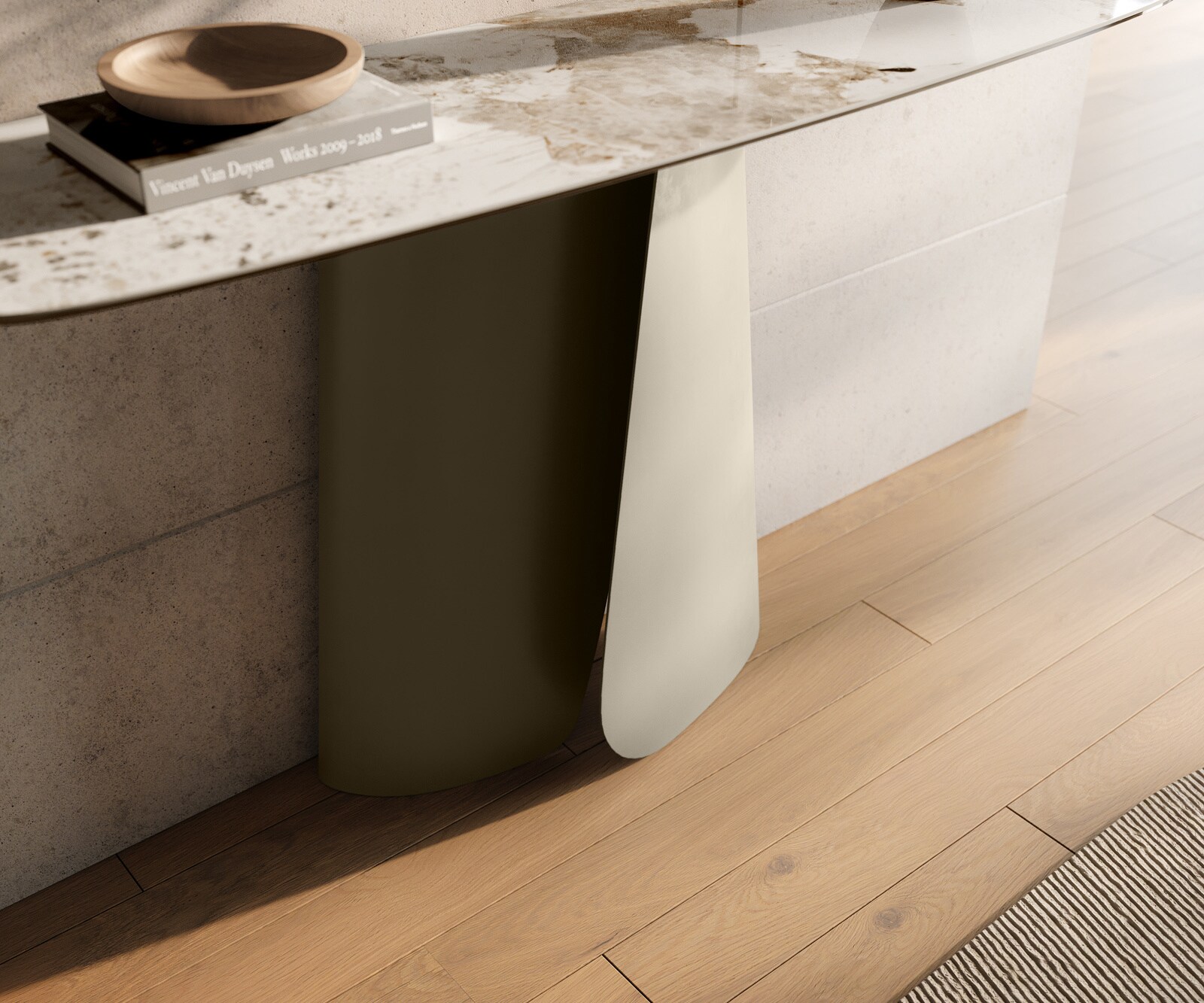 Konsolentisch Edge Boot 140x40 cm Keramik Minas Melange Weiß-Beige Livos Metall Effektfinish Titan 6