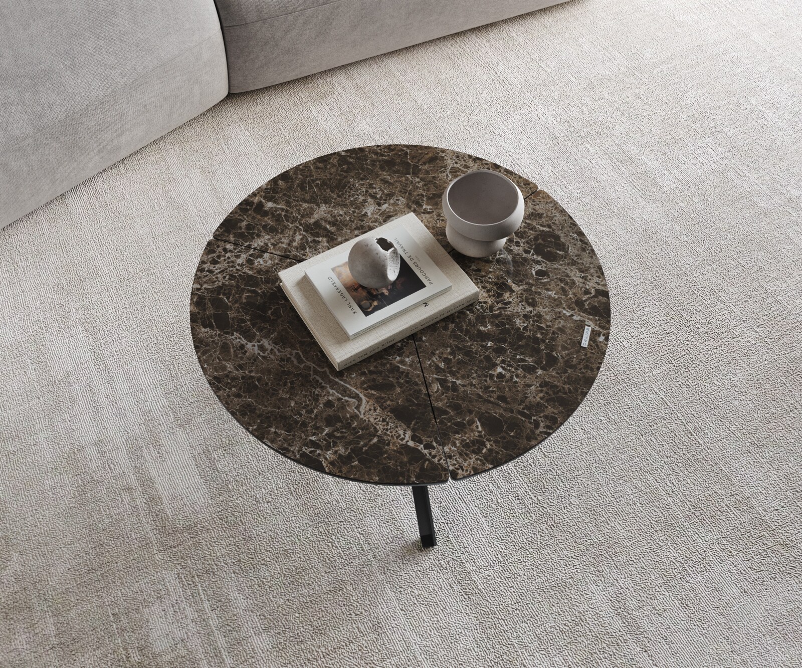 Couchtisch Delron 70x70 cm Keramik Emperador Extra Lucidato Dunkelbraun Kreuzfuß Flach Metall Schwarz 3