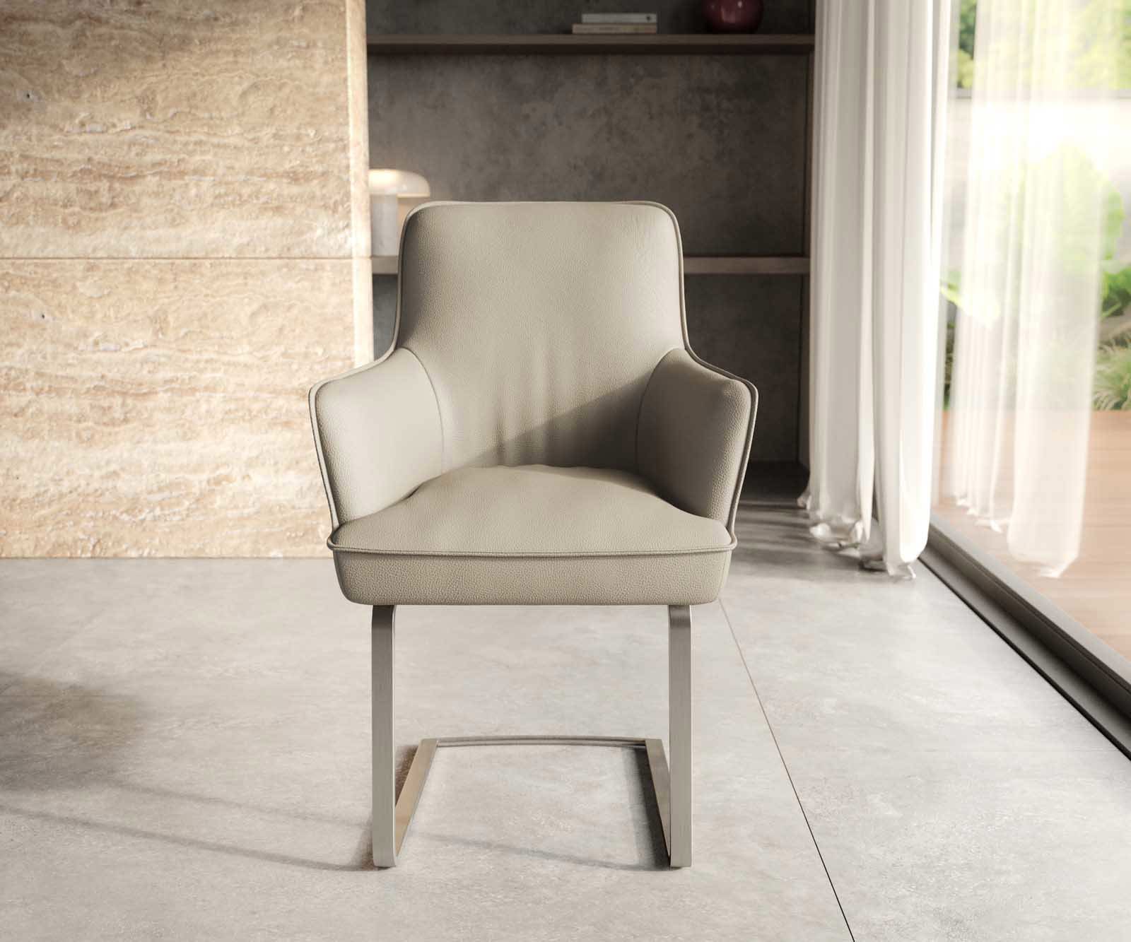 Cantilever Heira-Flex avec accoudoirs cuir de vache couleur boue pied cantilever plat acier inoxydable brossé ressorts ensachés 1