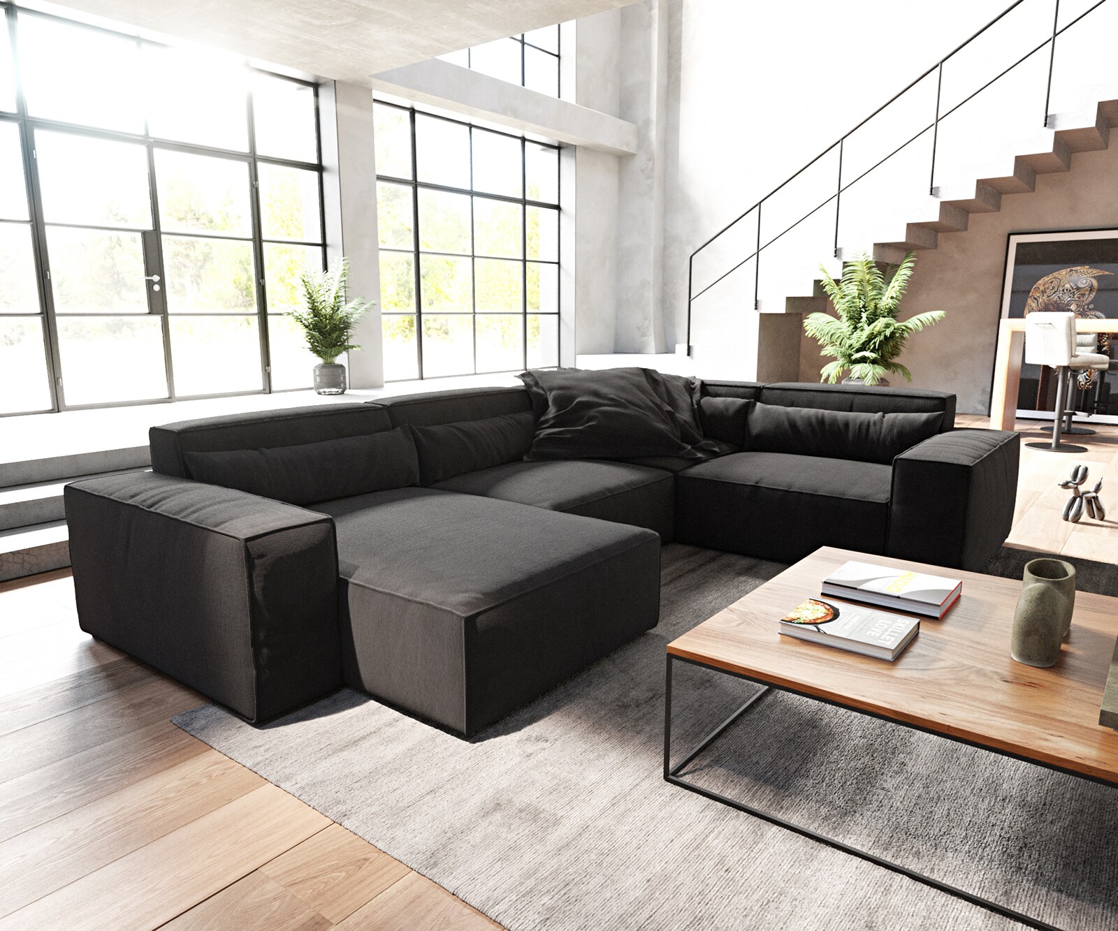 Wohnlandschaft Sirpio 300x210 cm Mikrofaser Schwarz Recamiere variabel