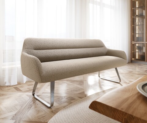 Esszimmerbank Taya-Flex 200 cm Bouclé Schlamm Kufengestell flach Edelstahl Taschenfederkern